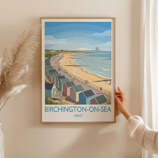 Birchington on Sea Travel Poster, Reculver Towers Beach Huts Wall Art, Kent Coast Print, Seaside Landscape Illustration, UK Coastal Decor