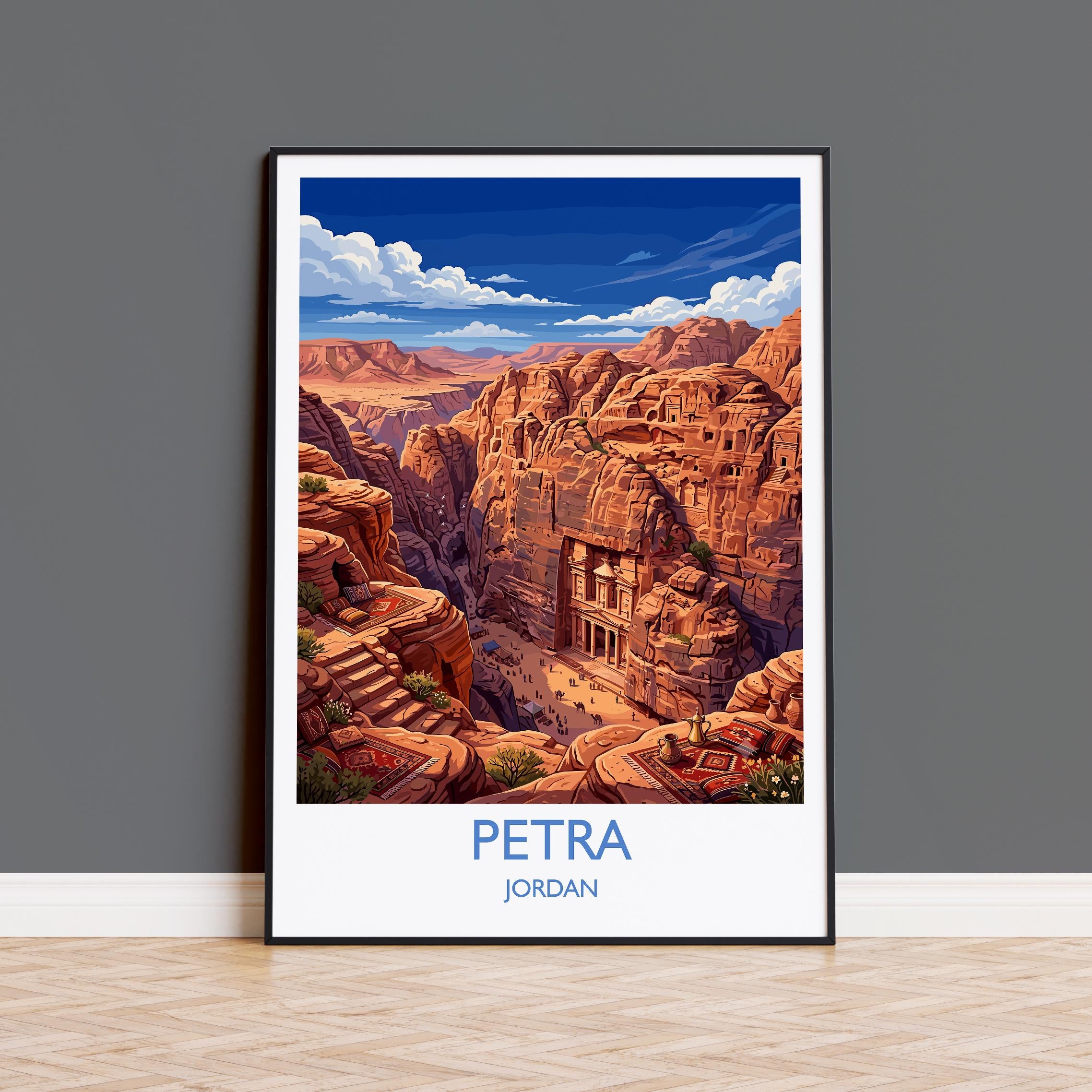 Petra Jordan Travel Poster, Al-Khazneh Treasury Wall Art, Rose City Print, Ancient Wonder Illustration, Vintage Style Middle East Decor