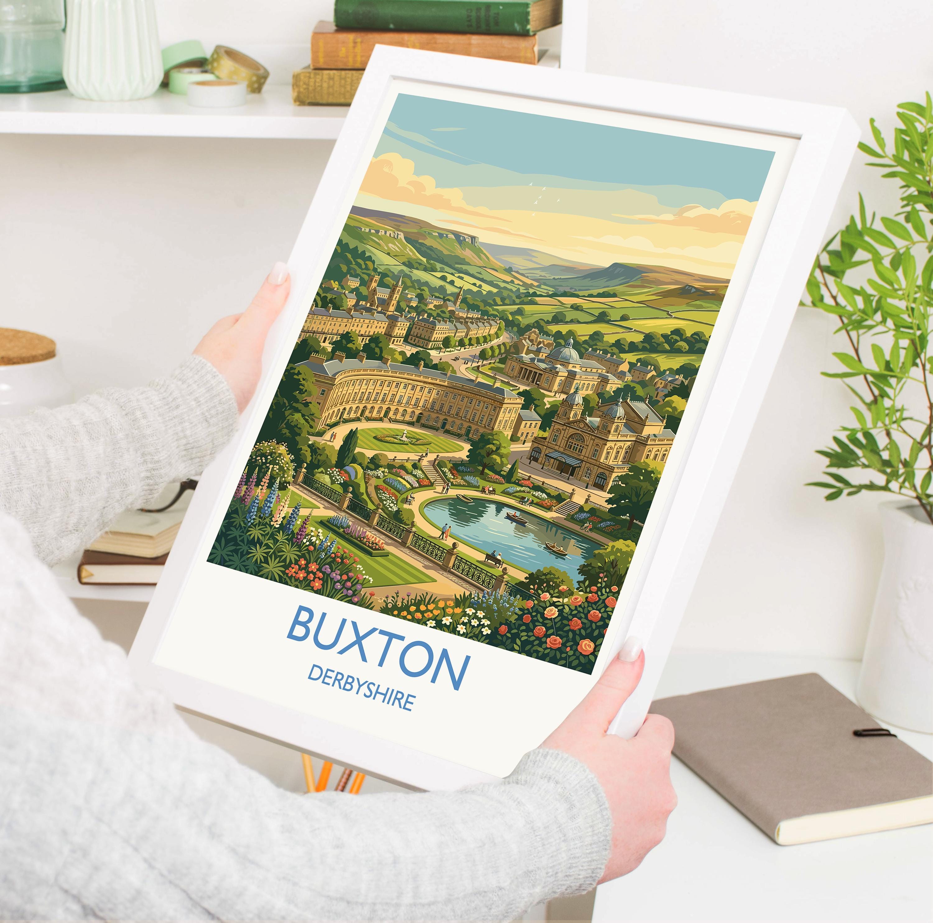 Buxton Derbyshire Travel Poster, Peak District Wall Art, Buxton Crescent & Opera House Print, Historic Spa Town Art, Vintage Style UK Decor