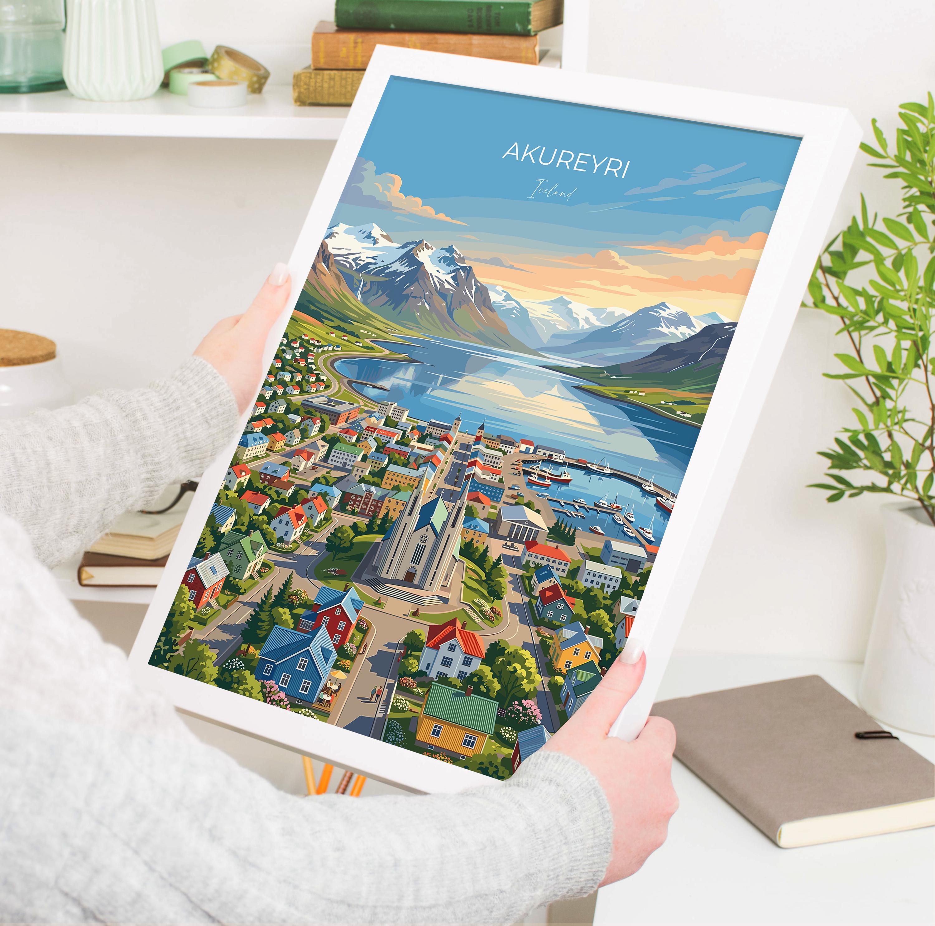Akureyri Iceland Travel Print, Akureyrarkirkja Wall Art, Eyjafjörður Poster, Iceland Landscape Illustration, Vintage Style Nordic Decor