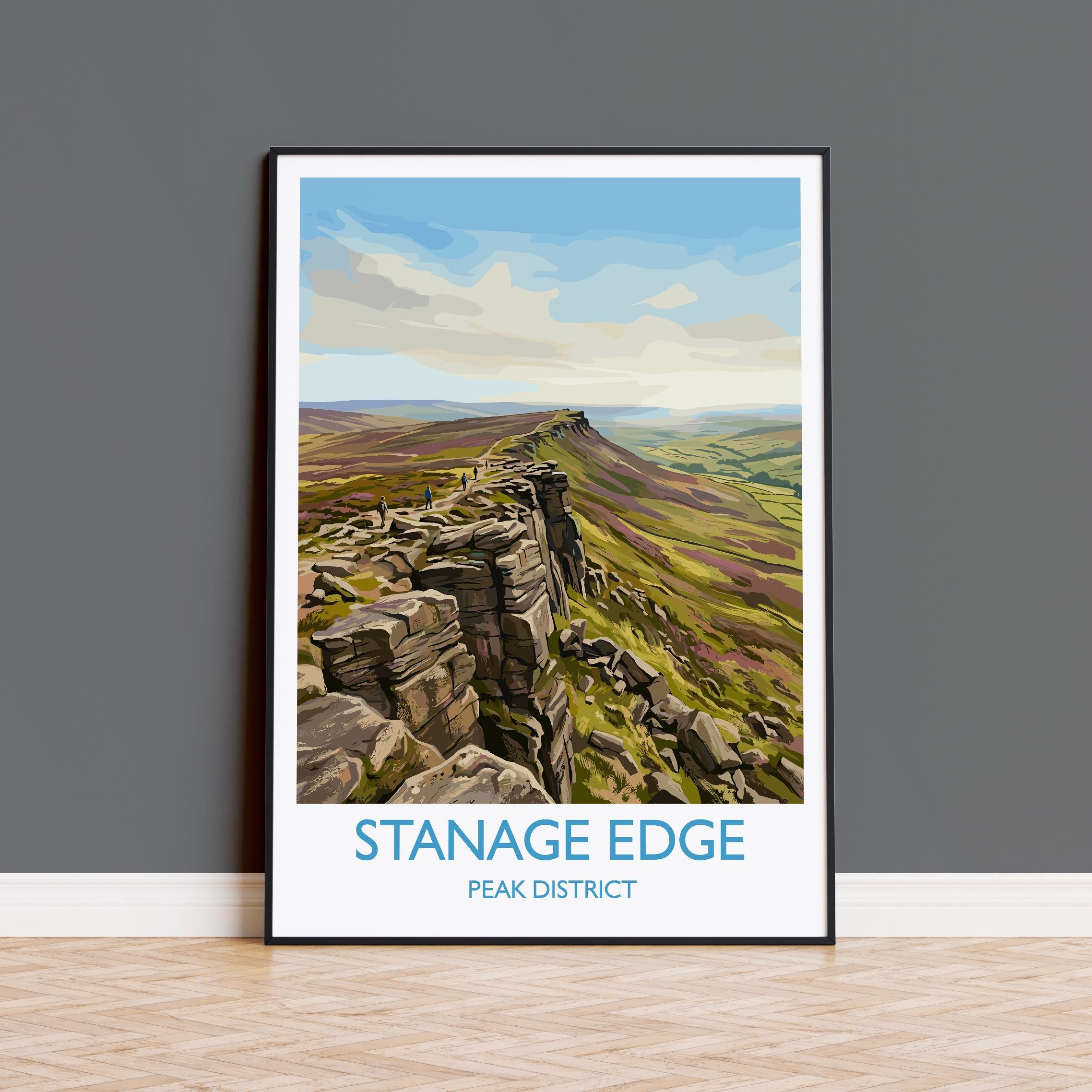 Stanage Edge Travel Poster, Peak District Wall Art, Derbyshire Landscape Print, Gritstone Ridge Illustration, Vintage Style UK Nature Decor