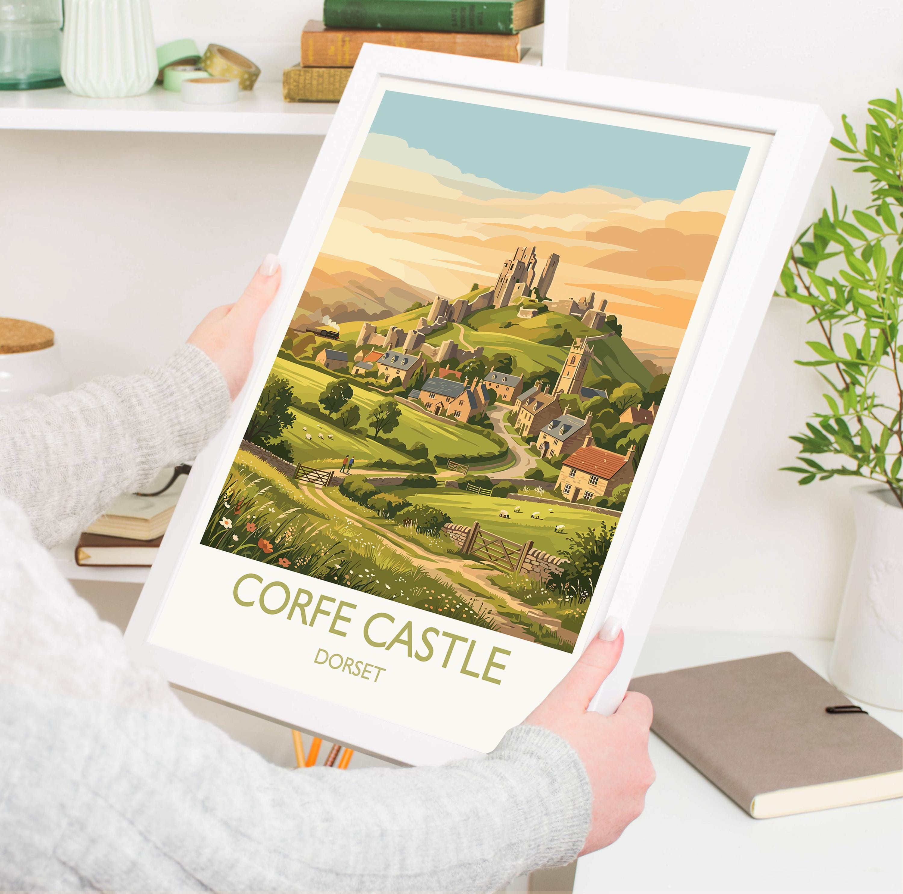 Corfe Castle Dorset Travel Poster, Historic Castle Ruins Wall Art, Dorset Countryside Print, English Heritage Illustration, Vintage UK Decor