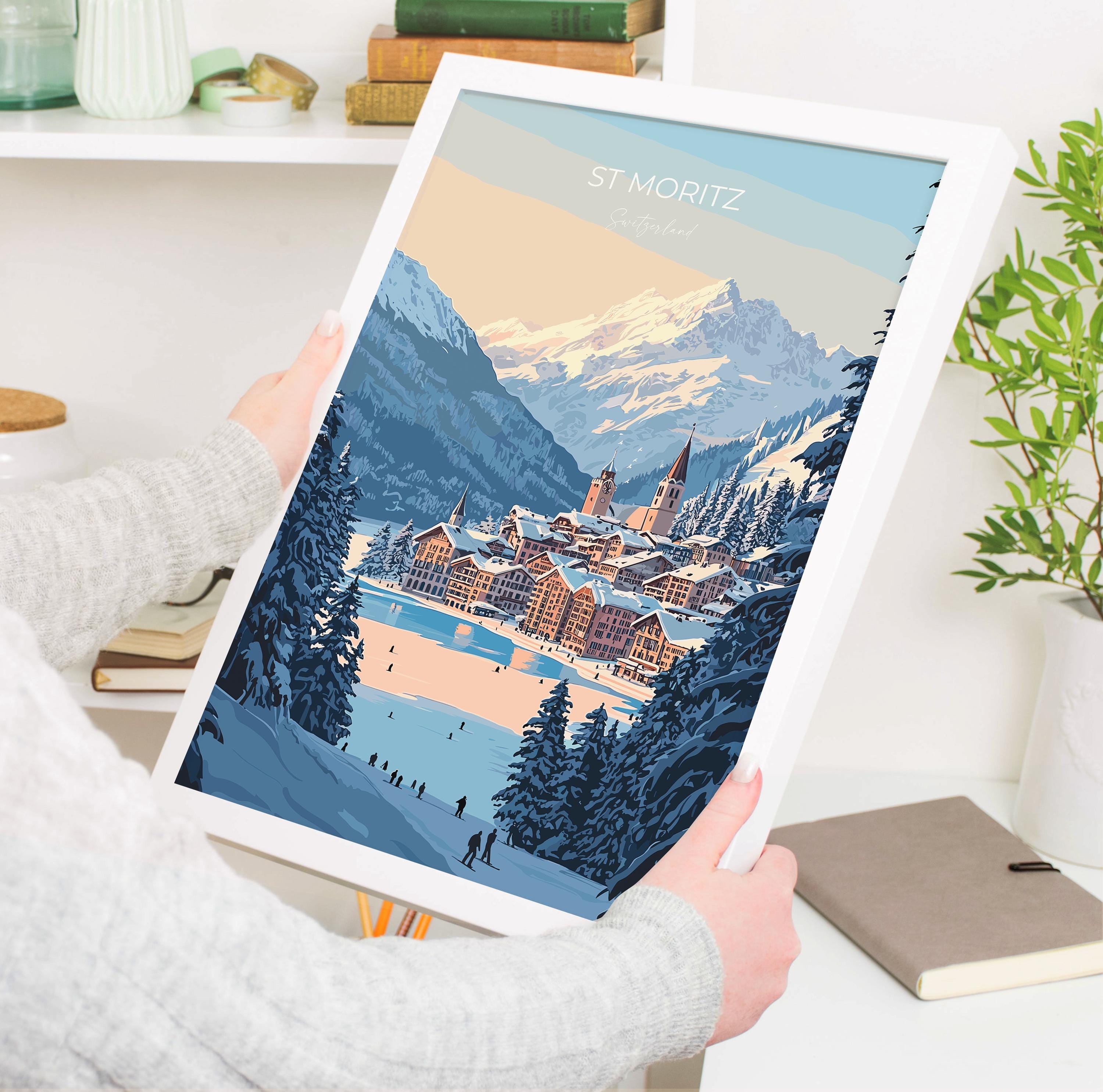 St Moritz Wall Art Travel Poster, Travel Print of St Moritz, Ski Poster, Switzerland Alps Art Travel Lovers Gift NQ Media Designs