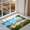 a colorful and detailed illustration of a cityscape, with buildings, trees, and a body of water in the background. The scene is set against a bright, sunny sky, creating a lively and vibrant atmosphere.