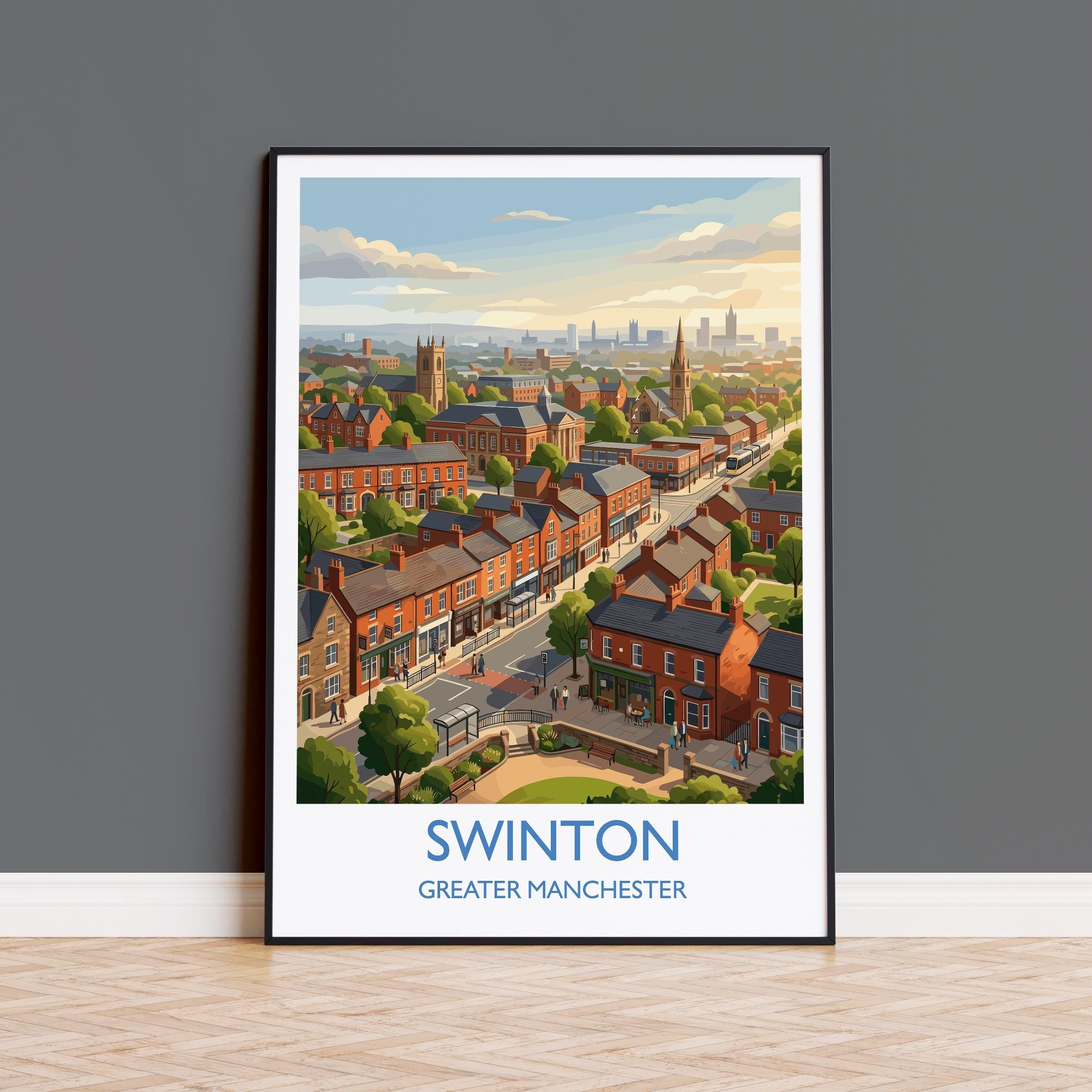 Swinton Travel Poster, Manchester Wall Art, Greater Manchester Print, Modern Skyline Illustration, Vintage Style UK Decor