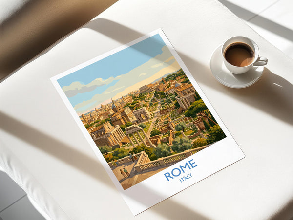 Rome Forum Travel Poster, Roman Forum Ruins Wall Art, Ancient Rome Landscape Print, Historic Architecture Illustration, Italy Decor