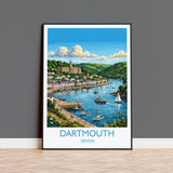 Dartmouth Print, Devon Travel Poster with White Border, River Dart Wall Art, Britannia Royal Naval College Print, Devon Coastal Gift