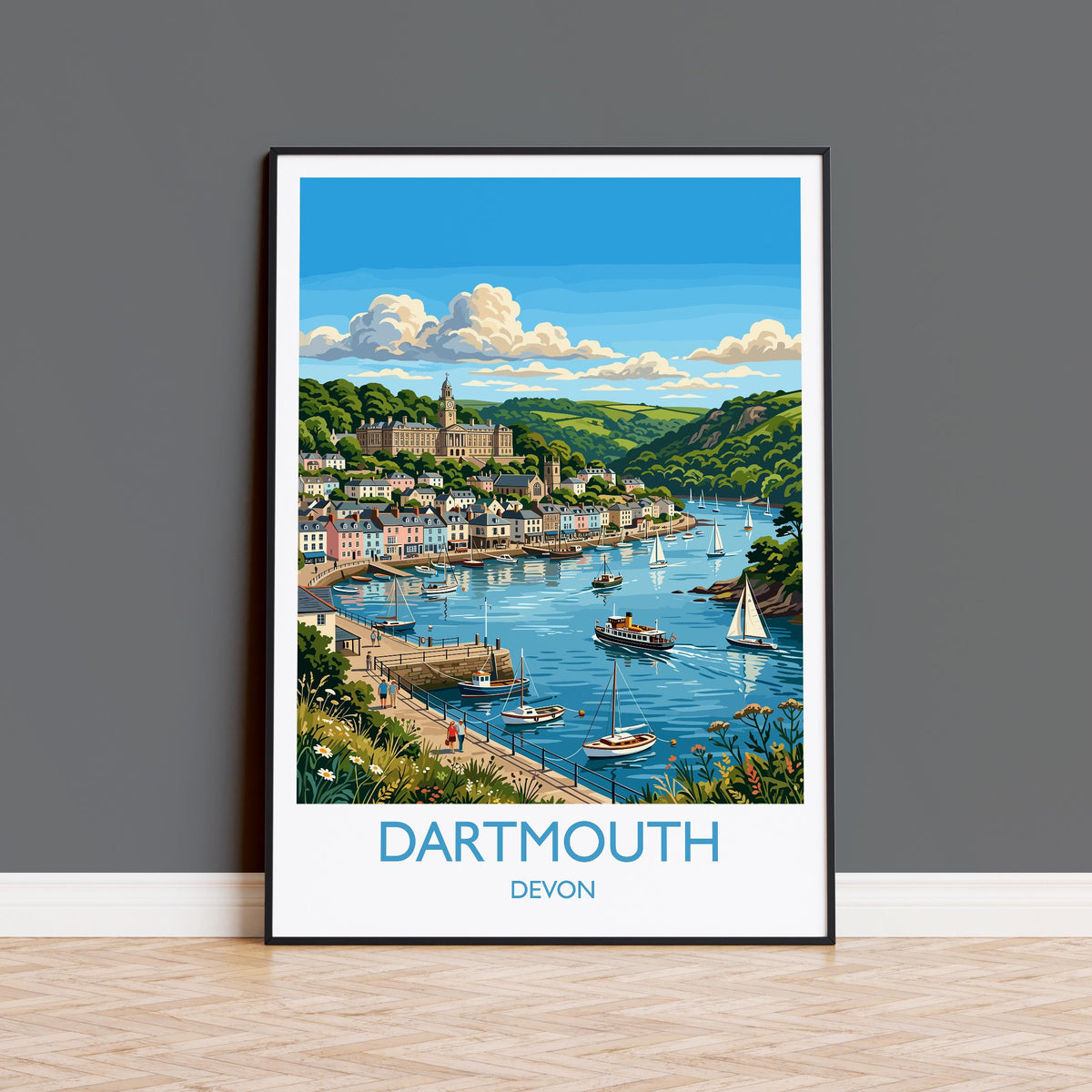 Dartmouth Print, Devon Travel Poster with White Border, River Dart Wall Art, Britannia Royal Naval College Print, Devon Coastal Gift