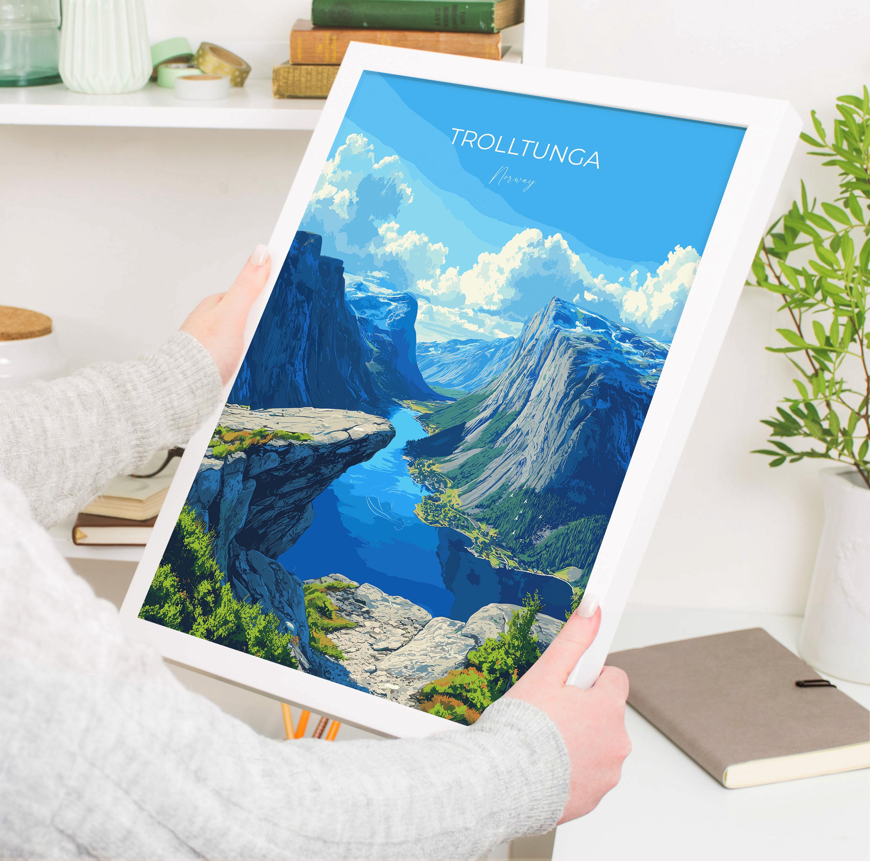 Trolltunga Travel Poster, Travel Print of Fjords, Norway Poster, Trolltunga Art Gift, Norway Art Lovers Travel Gift NQ Media Designs