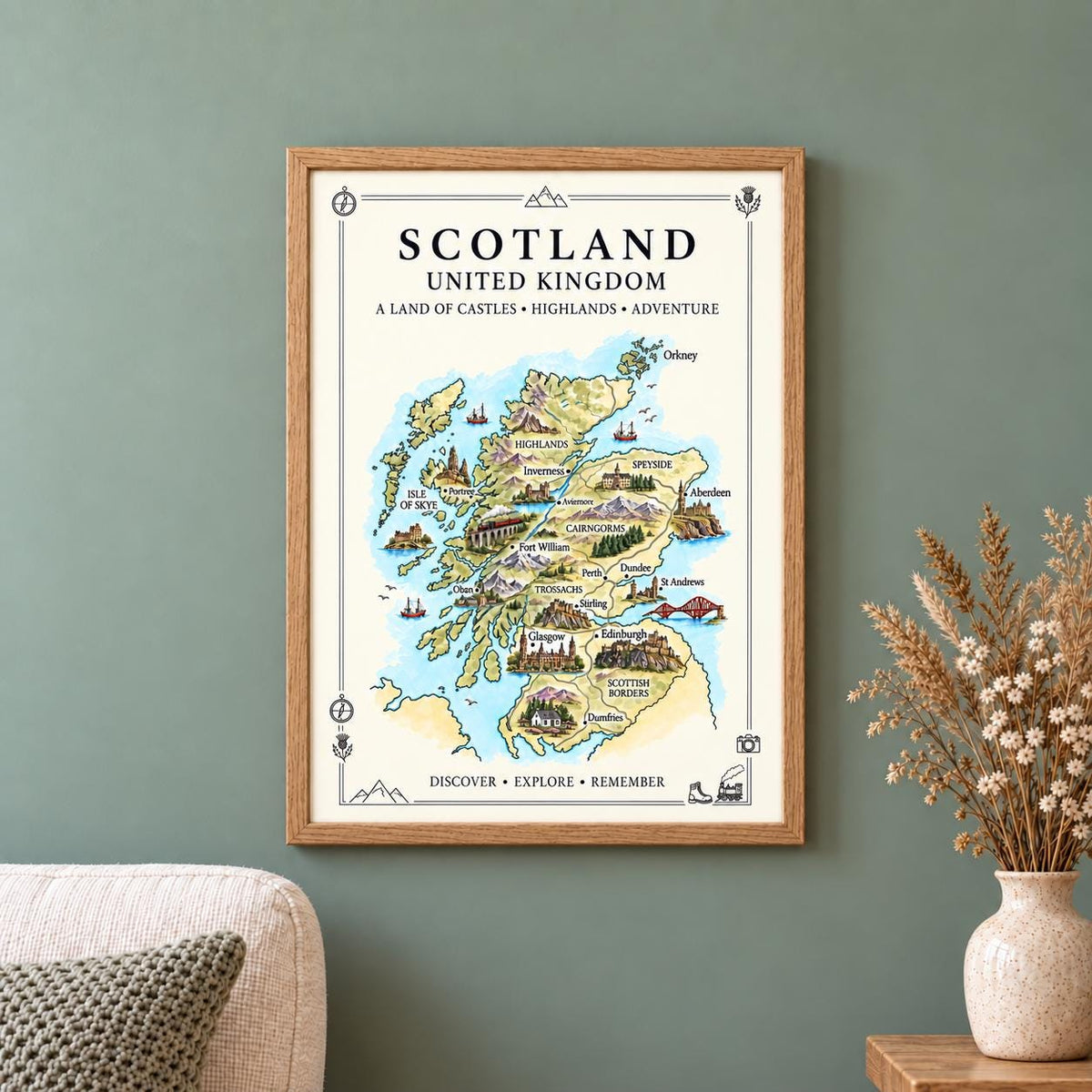 Scotland Illustrated Map Print, UK Wall Art, Highlands Map Poster, Framed or Canvas Print, Scotland Gift Print