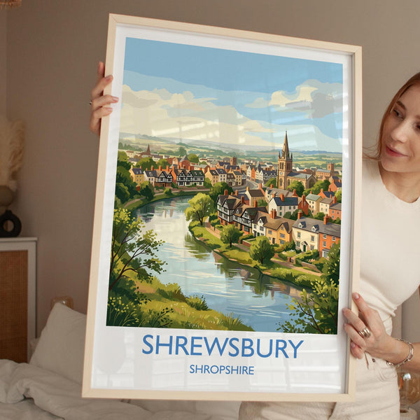 Shrewsbury Travel Poster, River Severn Wall Art, Shrewsbury Town Print, Historic Church Illustration, Shropshire Landscape, UK Decor