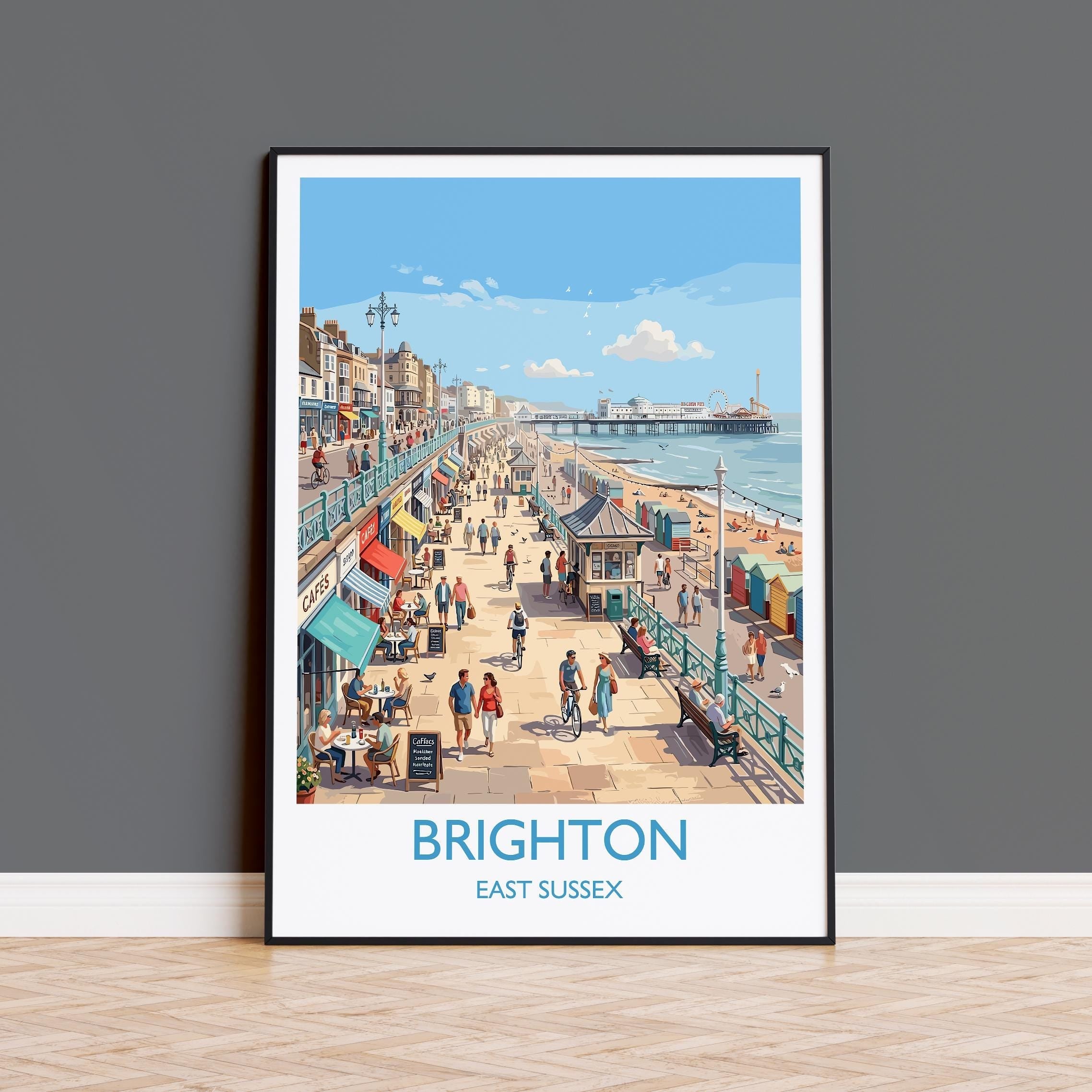 Brighton Travel Poster, Brighton Pier Wall Art, Seaside Print UK, Royal Pavilion Illustration, Vintage Style Coastal Decor, Brighton Gift NQ Media Designs