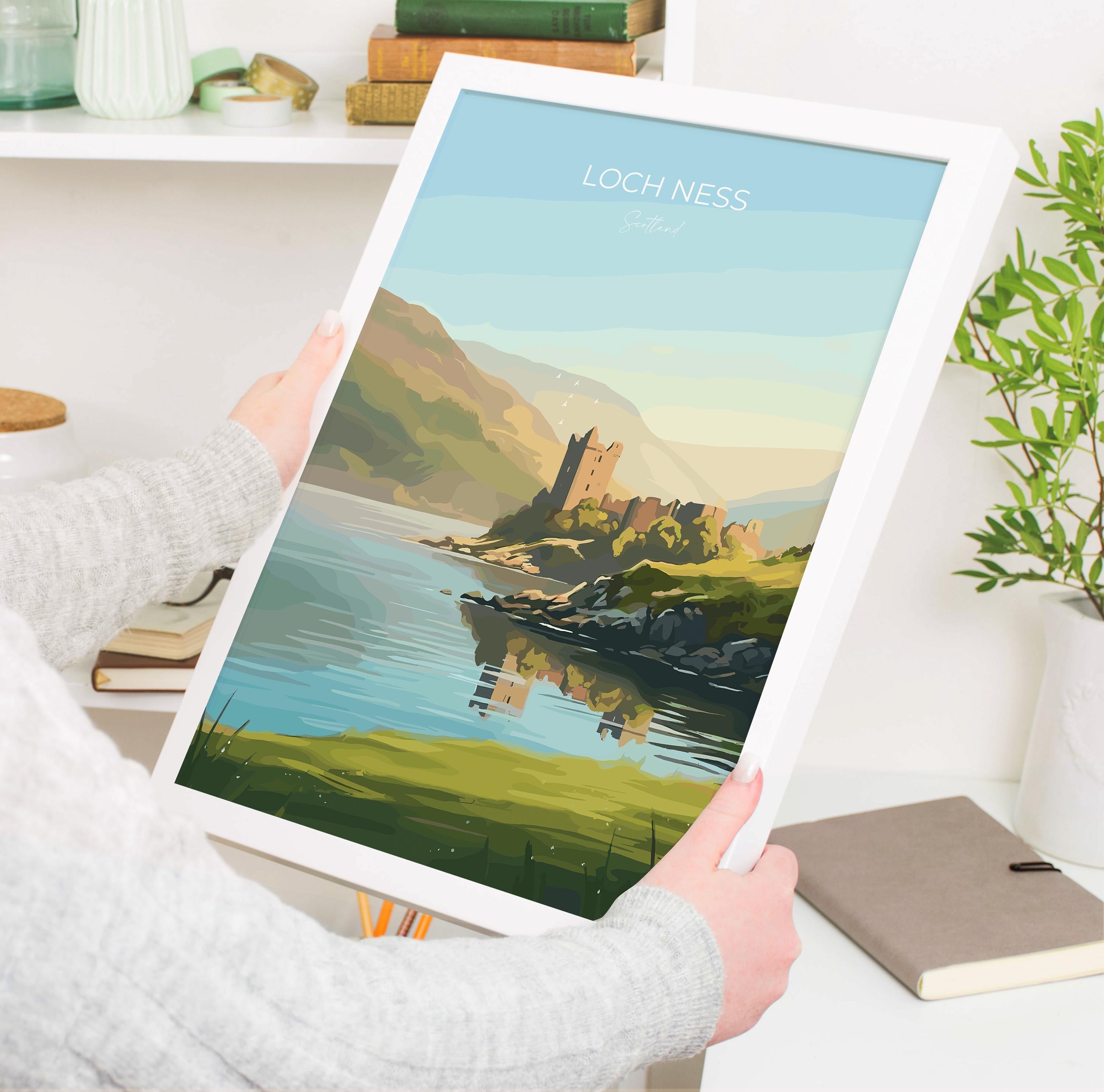 Loch Ness Scotland Travel Print, Scottish Highlands Wall Art, Loch Ness Landscape Poster, Scenic Nature Illustration, Vintage Style UK Decor
