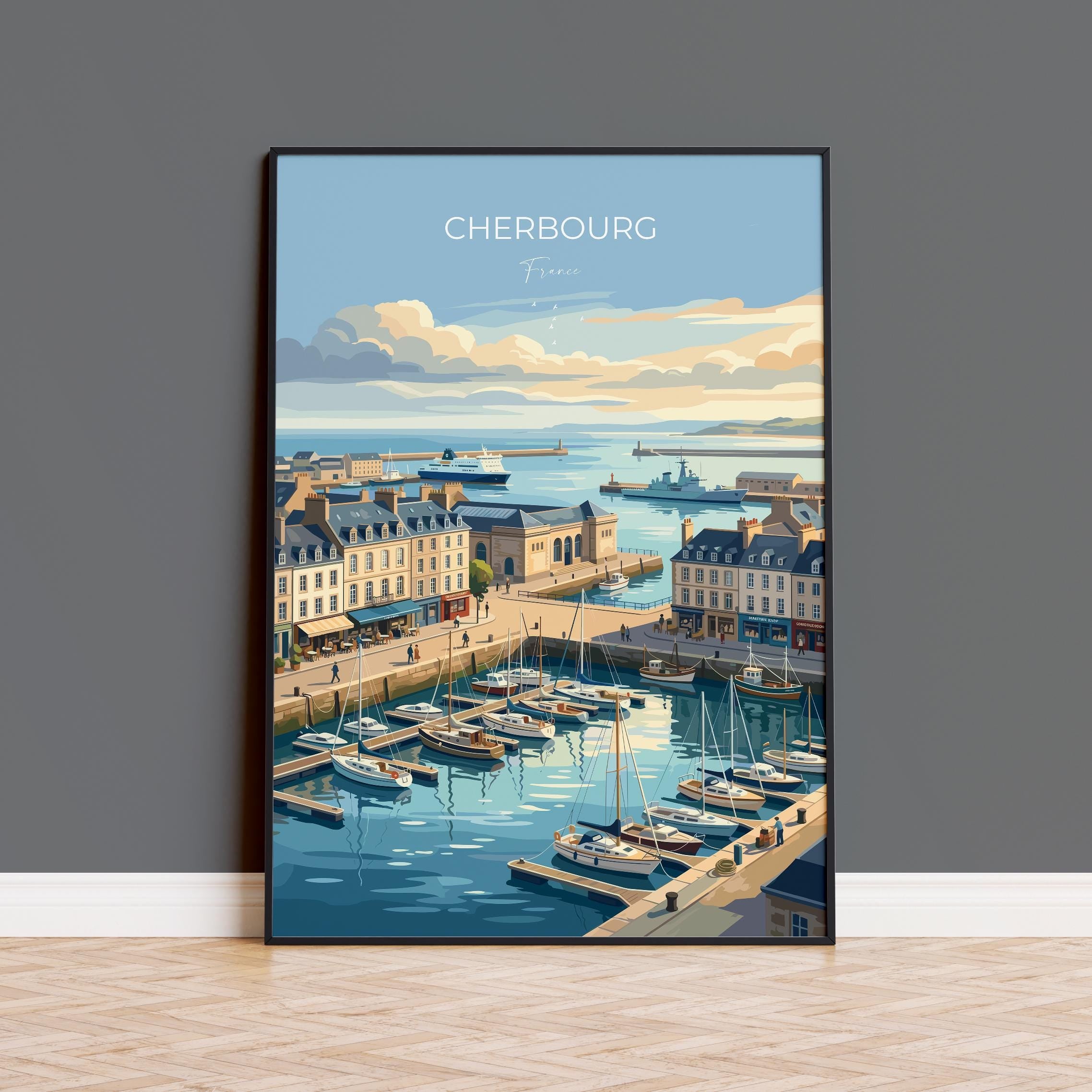 Cherbourg France Art Print, Normandy Coastal Decor, Vintage Maritime Poster, France Travel Gift, French Harbor Wall Art