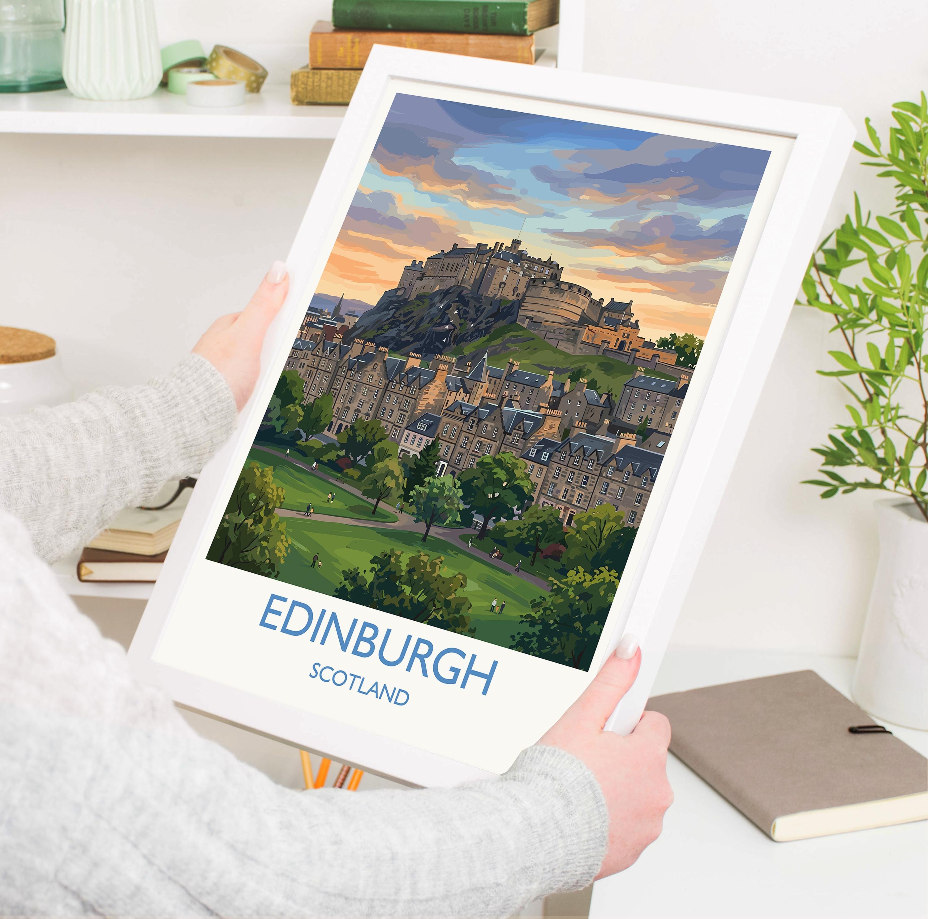 Edinburgh Castle Travel Poster, Princes Street Gardens Wall Art, Edinburgh City Print, Scotland Skyline Illustration, Vintage Style UK Decor