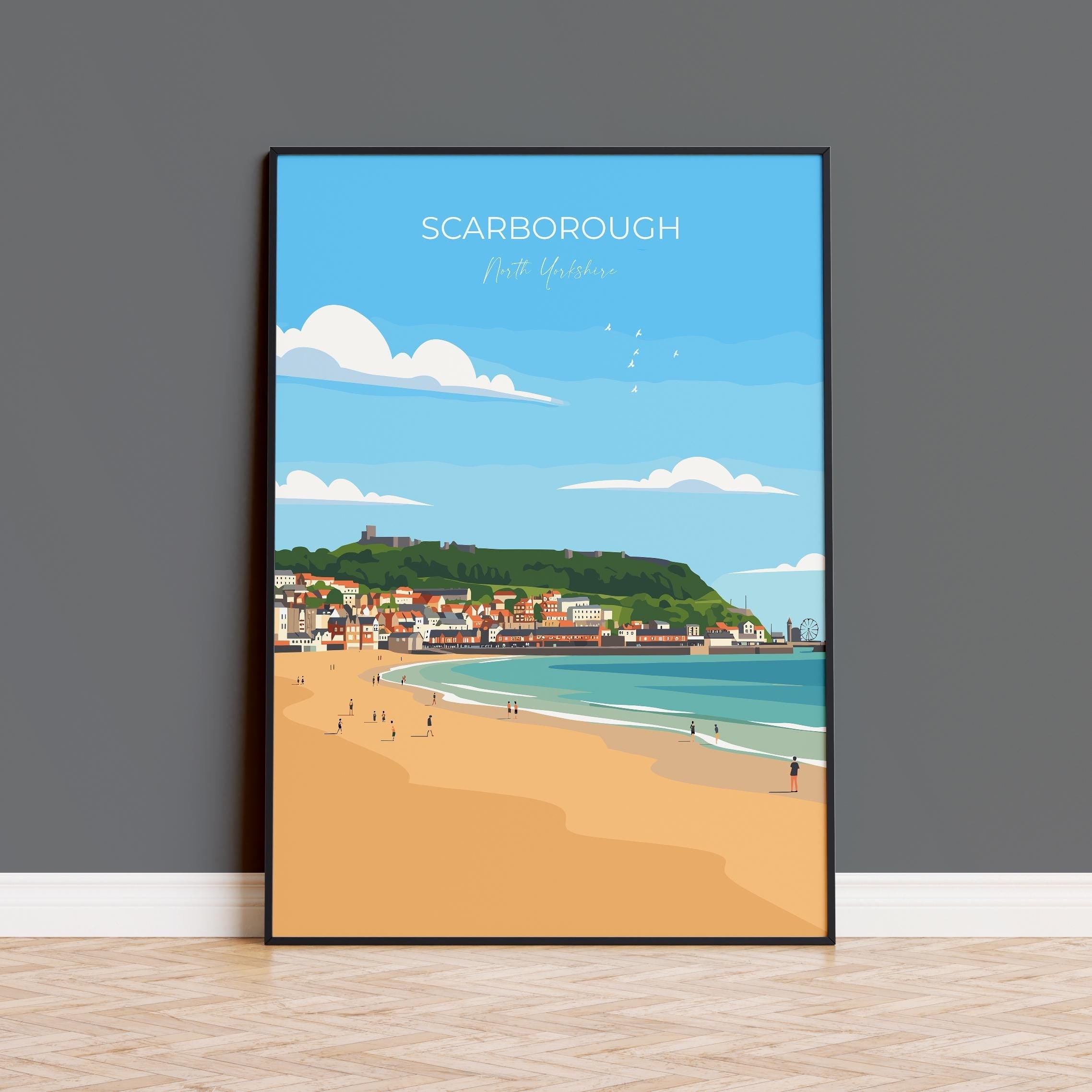 Scarborough Beach Travel Print, Travel Poster of Scarborough, North Yorkshire Gift, England, Scarborough Gift, Wall Art Print NQ Media Designs