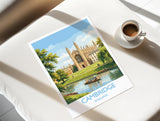 Cambridge Travel Poster, Kings College Cambridge Wall Art, River Cam Punting Scene Print, Historic University Illustration, UK Vintage Style NQ Media Designs