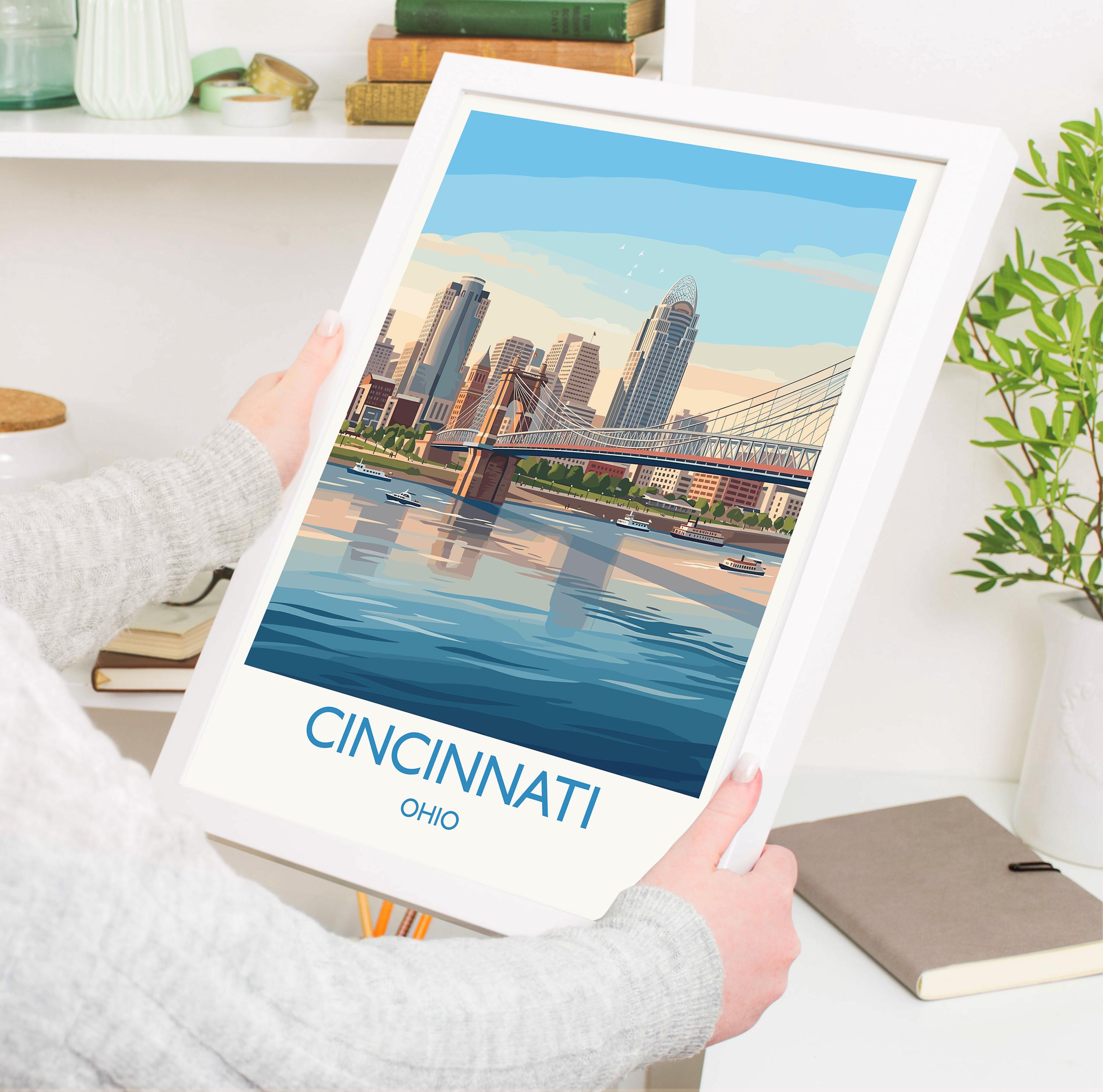 Cincinnati Ohio Travel Poster, Cincinnati Skyline Wall Art, Ohio River City Print, Historic & Modern Cityscape, Vintage Style USA Decor