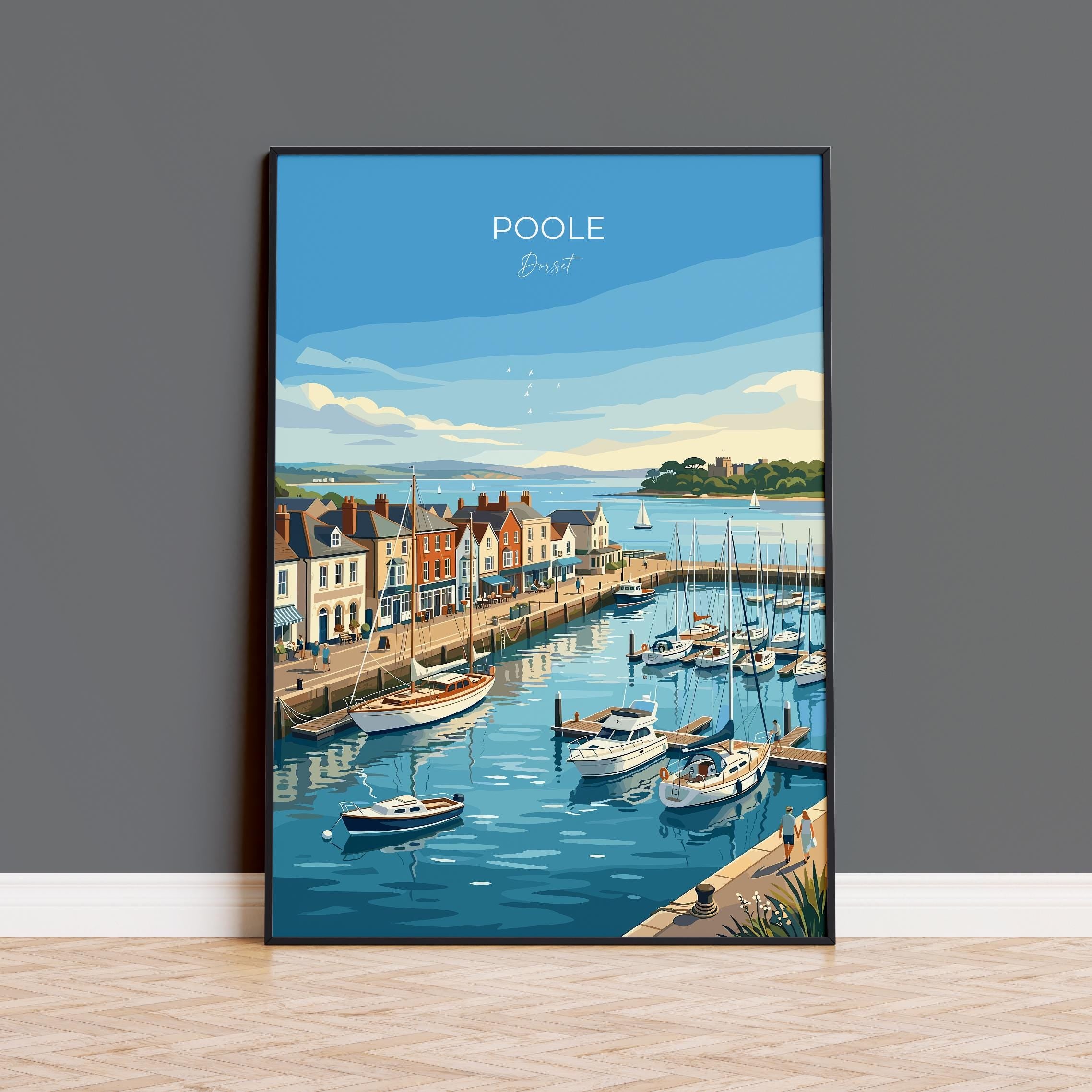 Poole Dorset Travel Print, Poole Harbour Wall Art, Dorset Coastal Poster, Historic Seaside Town Illustration, Vintage Style UK Decor