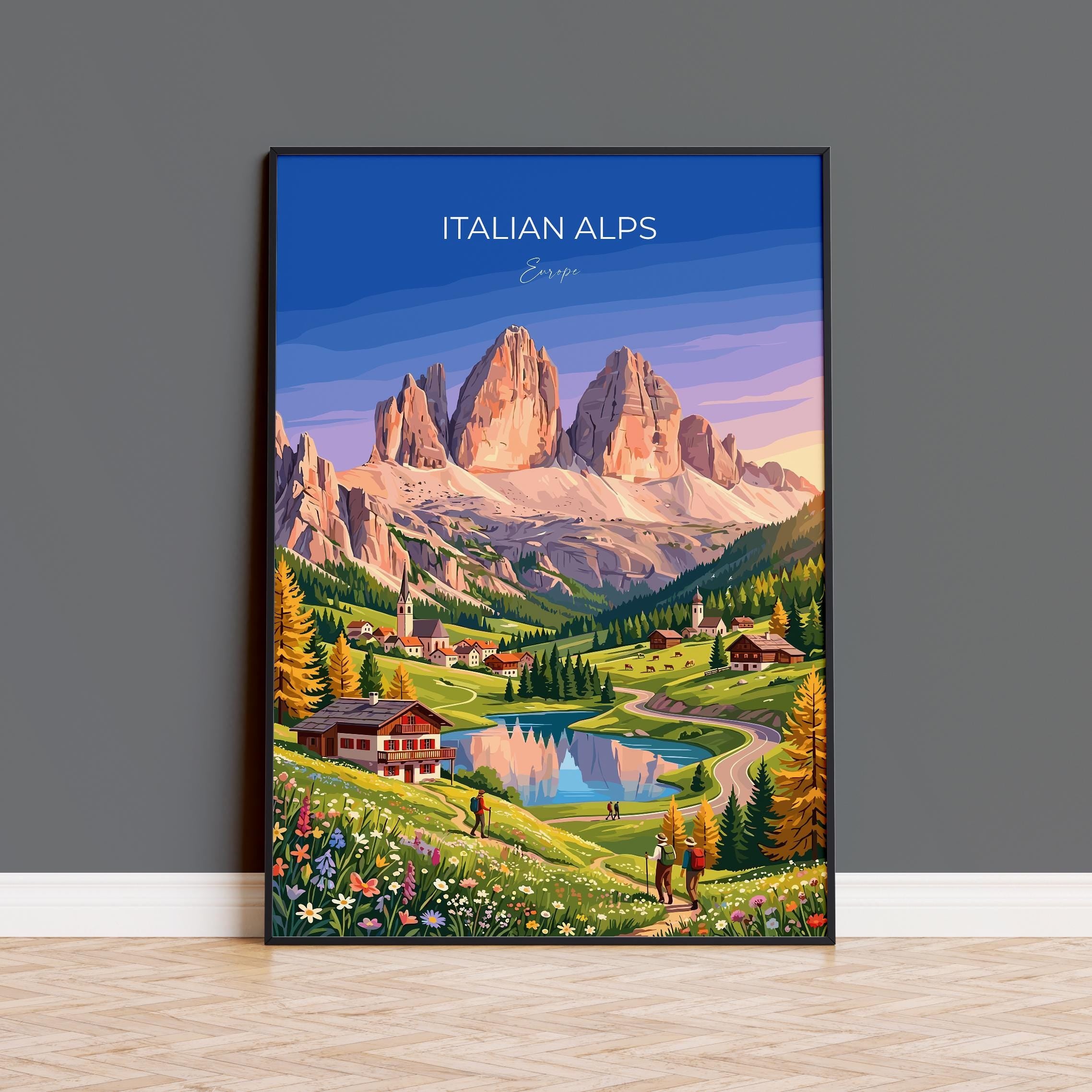 Italian Alps Travel Print, Dolomites Mountain Wall Art, Alpine Landscape Poster, Italy Mountain Illustration, Vintage Style Europe Decor