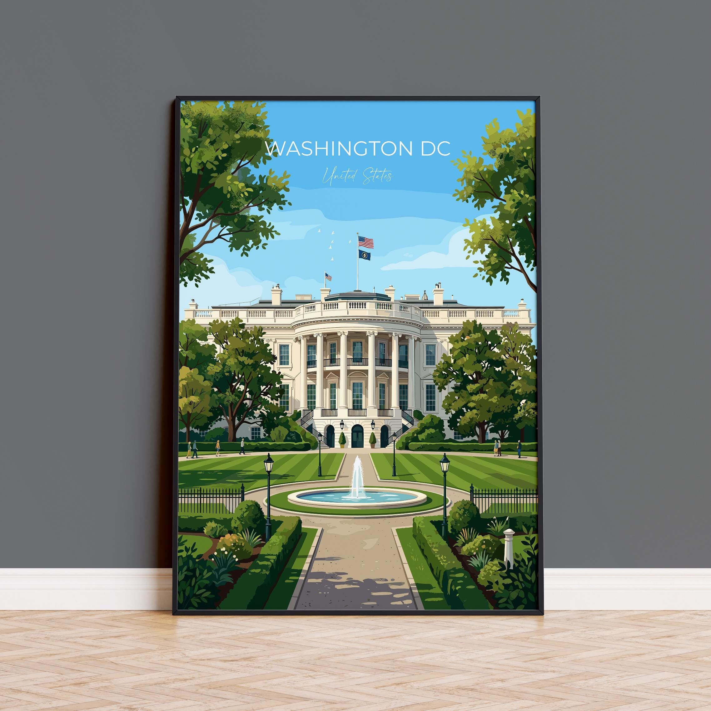 Washington DC Travel Print, White House Wall Art, USA Landmark Poster, American Architecture Illustration, Vintage Style USA City Decor