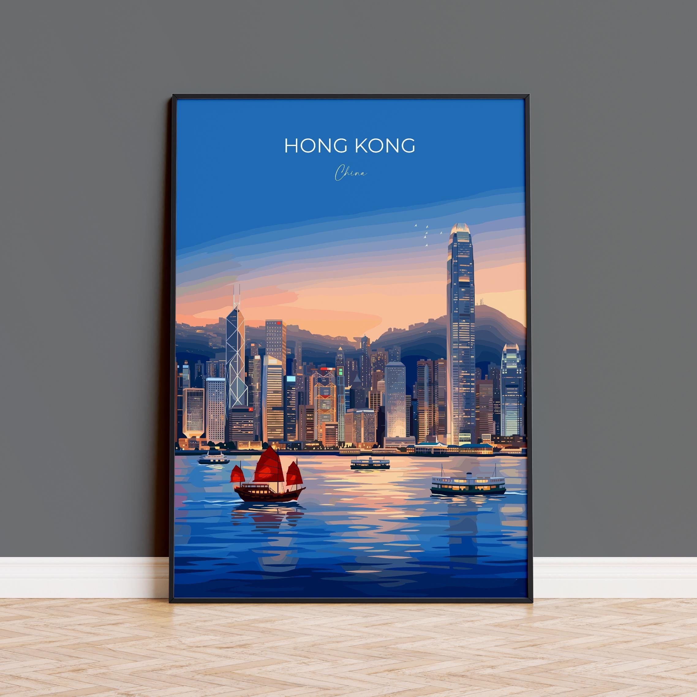 Hong Kong Travel Print, Victoria Harbour Wall Art, Hong Kong Skyline Poster, Star Ferry Illustration, Vintage Style Asia City Decor