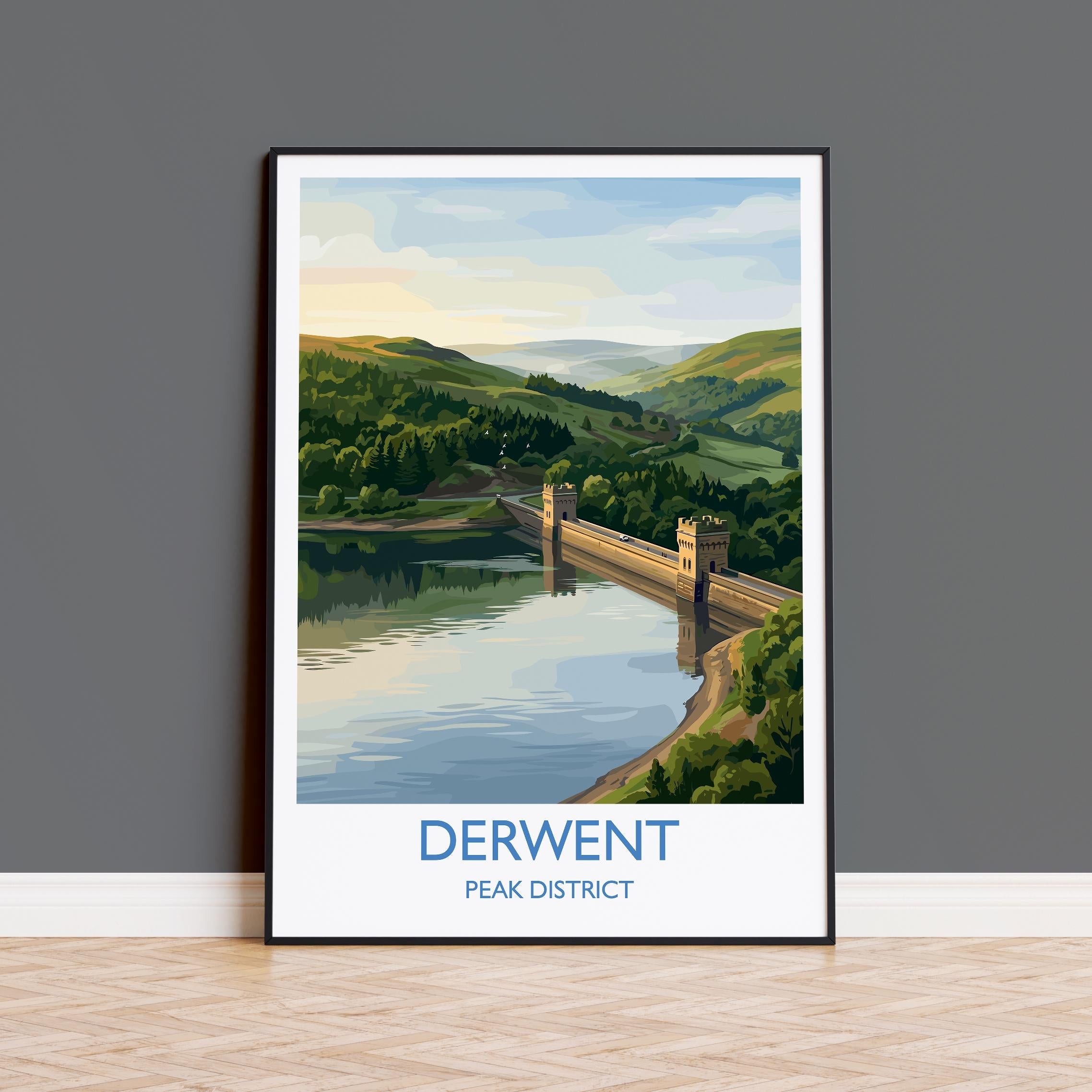 Derwent Reservoir Dam Travel Poster, Peak District Wall Art, Ladybower Dam Print, Derbyshire Landscape Illustration, UK Nature Decor NQ Media Designs