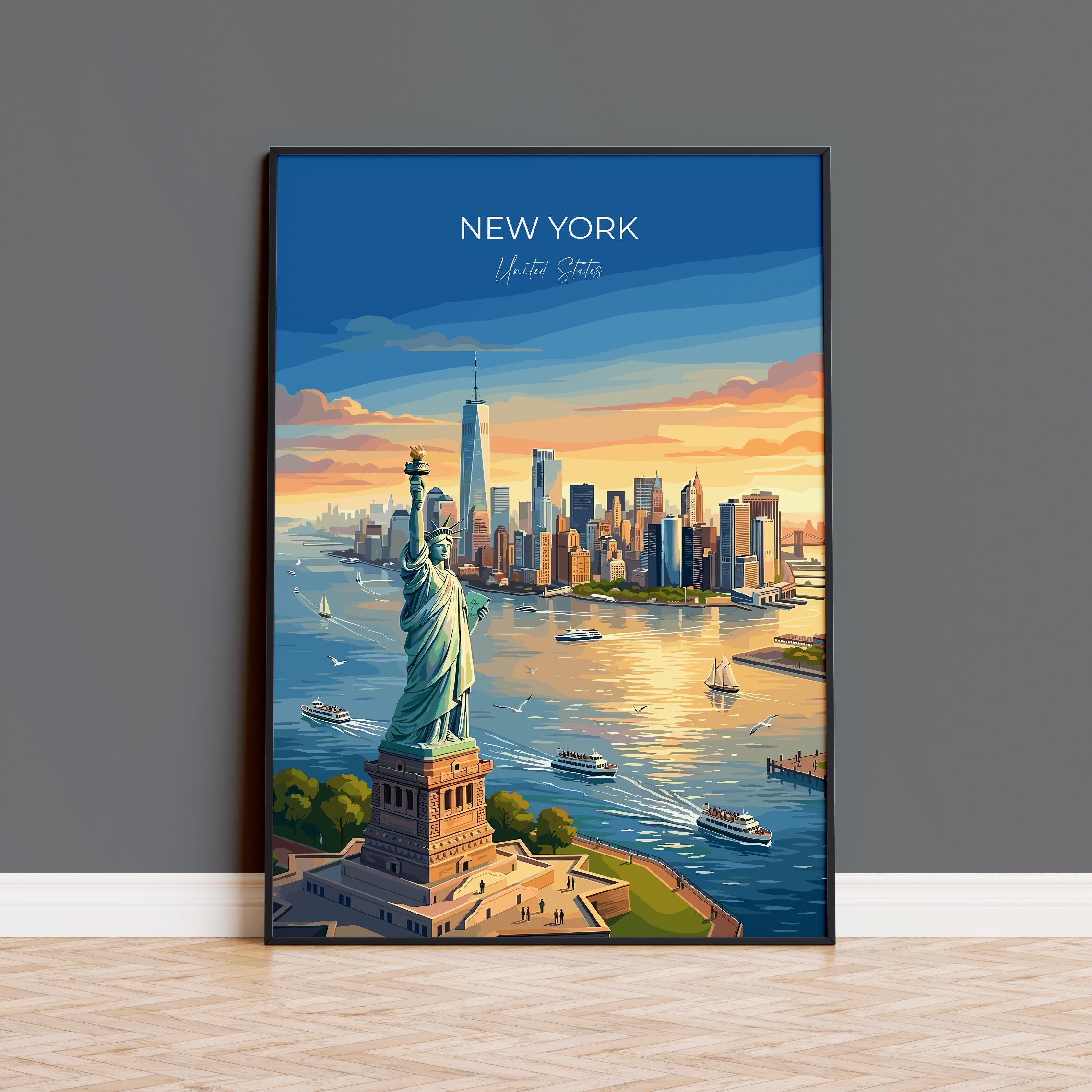 New York City Travel Print, Statue of Liberty Wall Art, Manhattan Skyline Poster, NYC Illustration, Vintage Style USA Decor