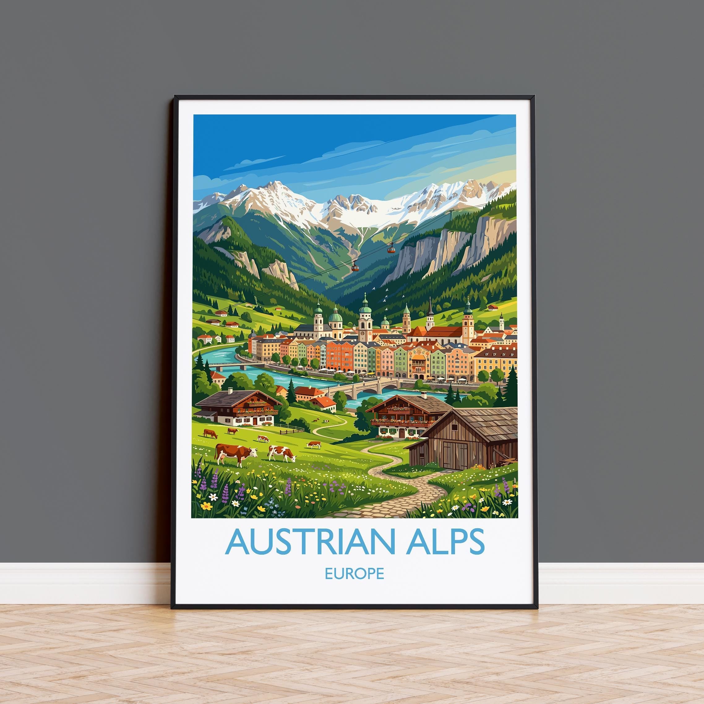 Austrian Alps Travel Poster, Austria Mountain Wall Art, Alpine Landscape Print, Tyrol Mountain Illustration, Vintage Style Europe Decor