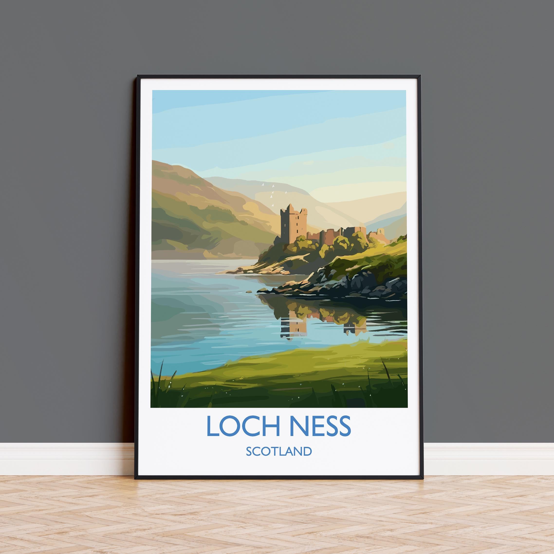 Loch Ness Scotland Travel Poster, Scottish Highlands Wall Art, Loch Ness Landscape Print, Scenic Nature Illustration, Vintage Style UK Decor