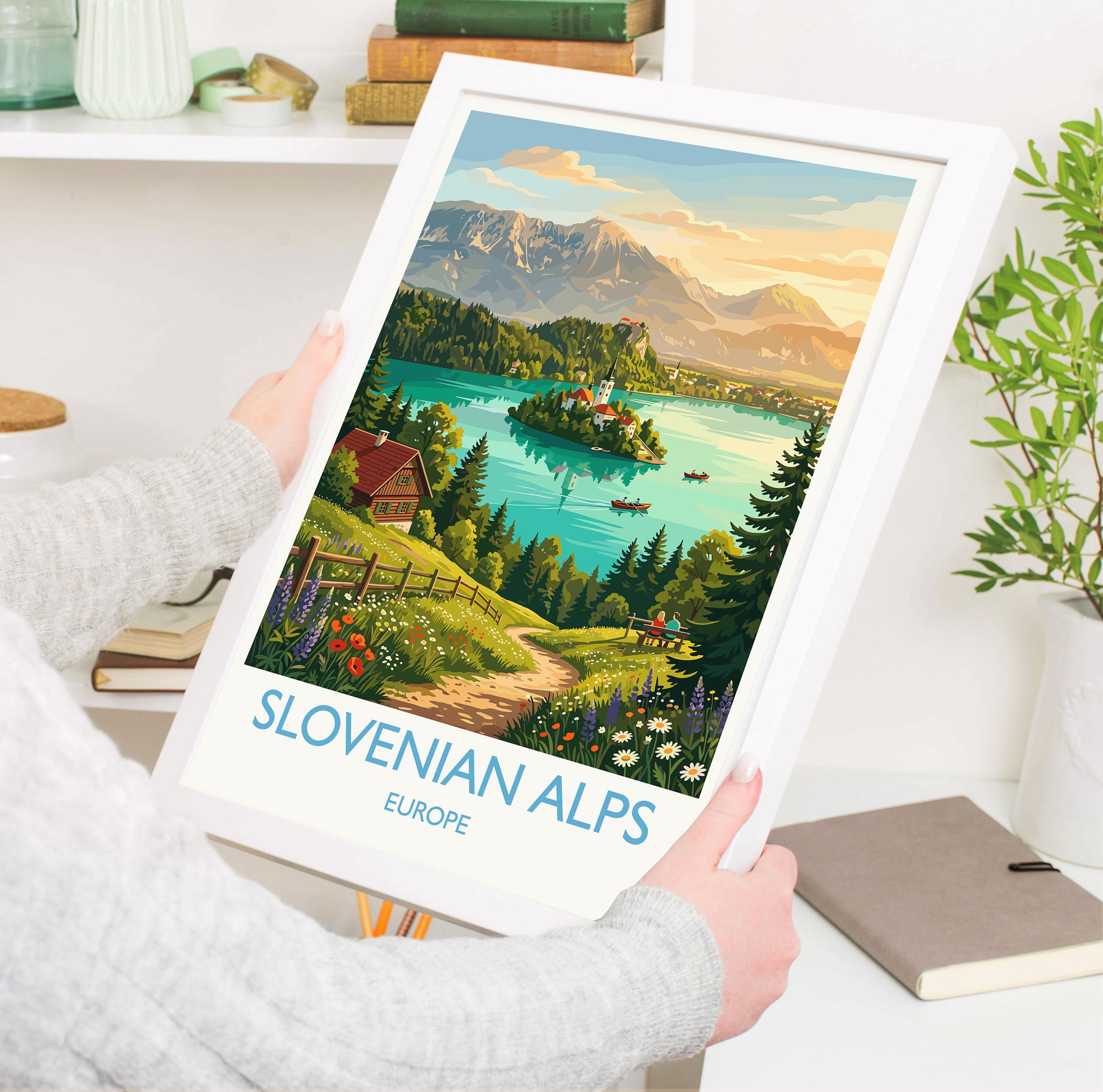 Slovenian Alps Travel Poster, Lake Bled Wall Art, Julian Alps Landscape Print, Bled Island Church Illustration, Vintage Europe Decor