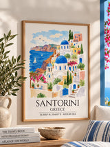 Santorini Greece Watercolour Print, Oia Sunset Wall Art, Blue Dome Church Poster, Aegean Sea Print, Greek Island Watercolour