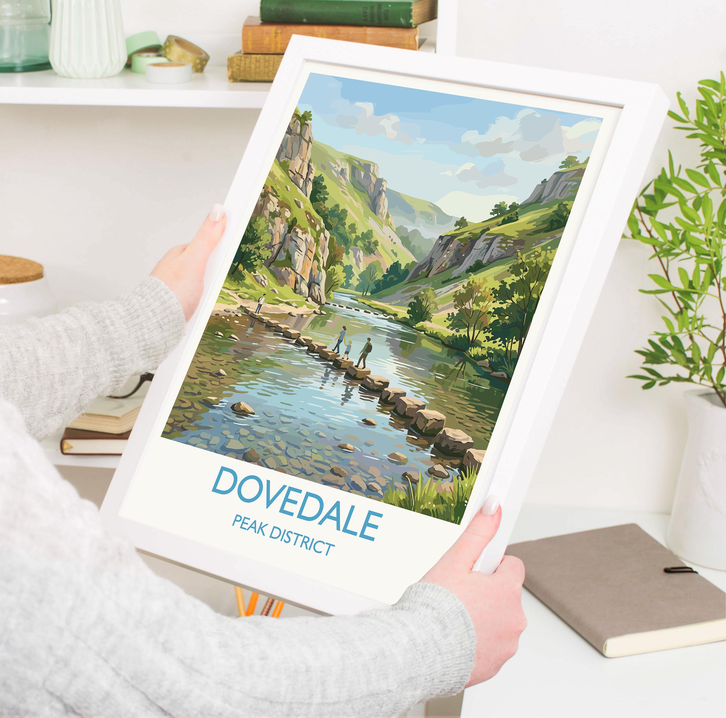 Dovedale Stepping Stones Travel Poster, Peak District Wall Art, Derbyshire Landscape Print, River Dove Illustration, UK Nature Decor