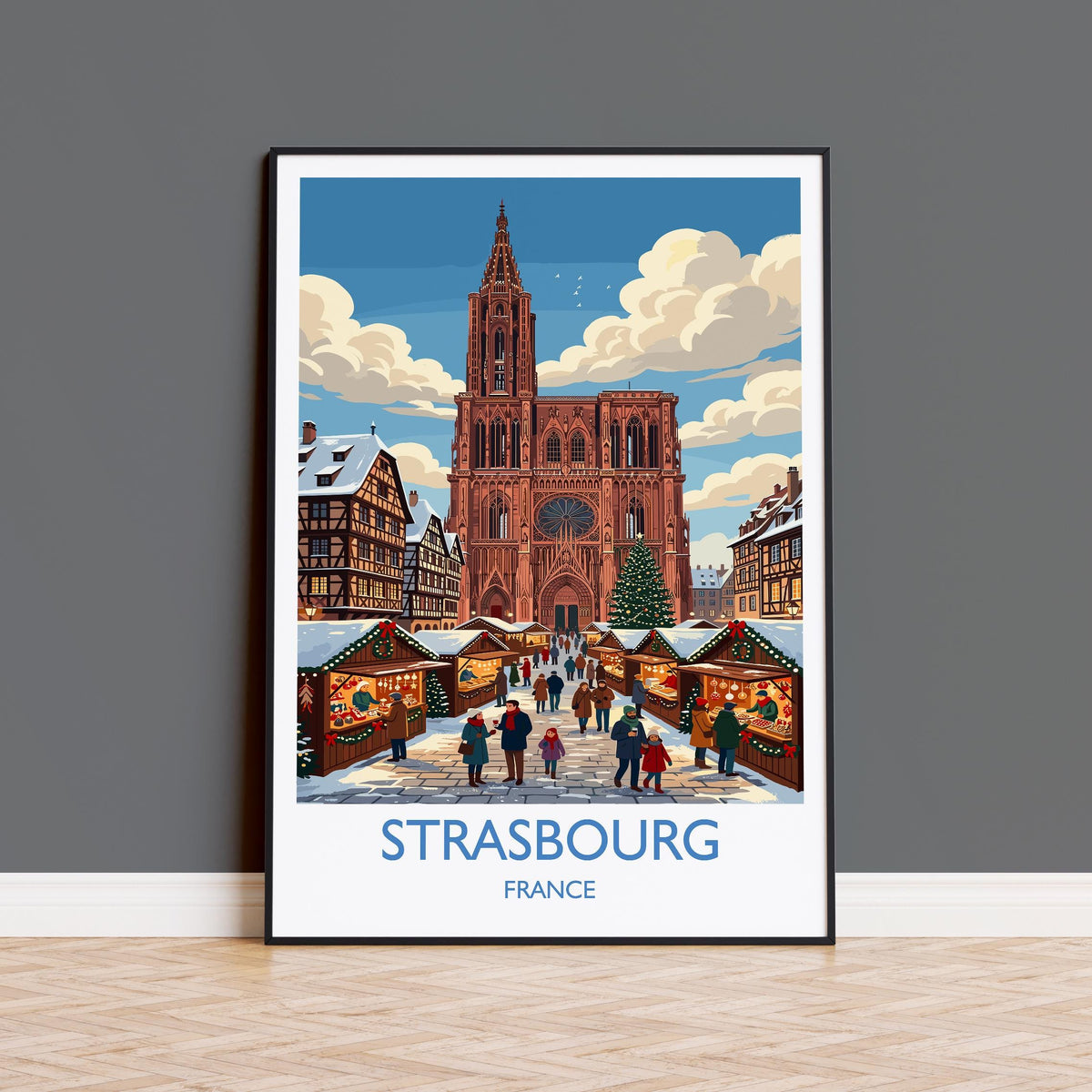 Strasbourg Christmas Market Print, Alsace Winter Wall Art with Border, Petite France Poster, France Festive Travel Print, Strasbourg Gift