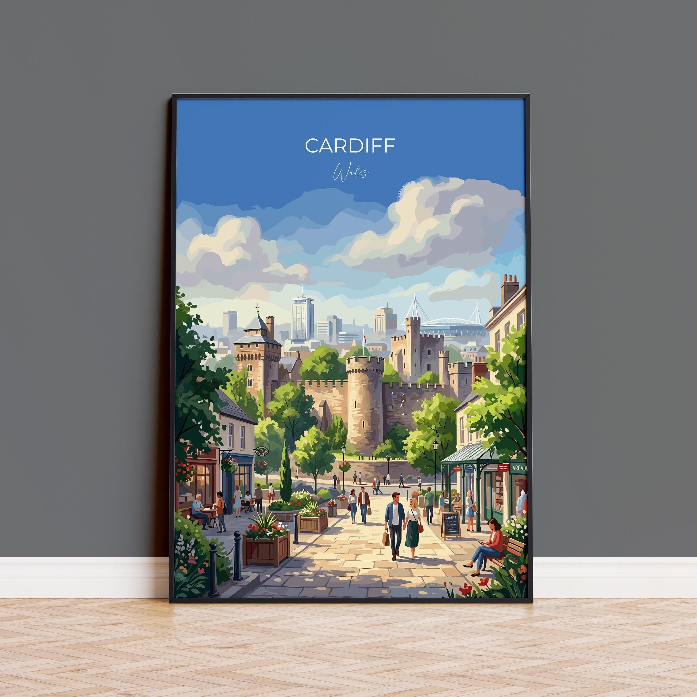 Cardiff Wales Travel Print, Cardiff City Wall Art, Cardiff Castle Poster, Welsh Capital Illustration, Vintage Style UK City, Wales Gift NQ Media Designs