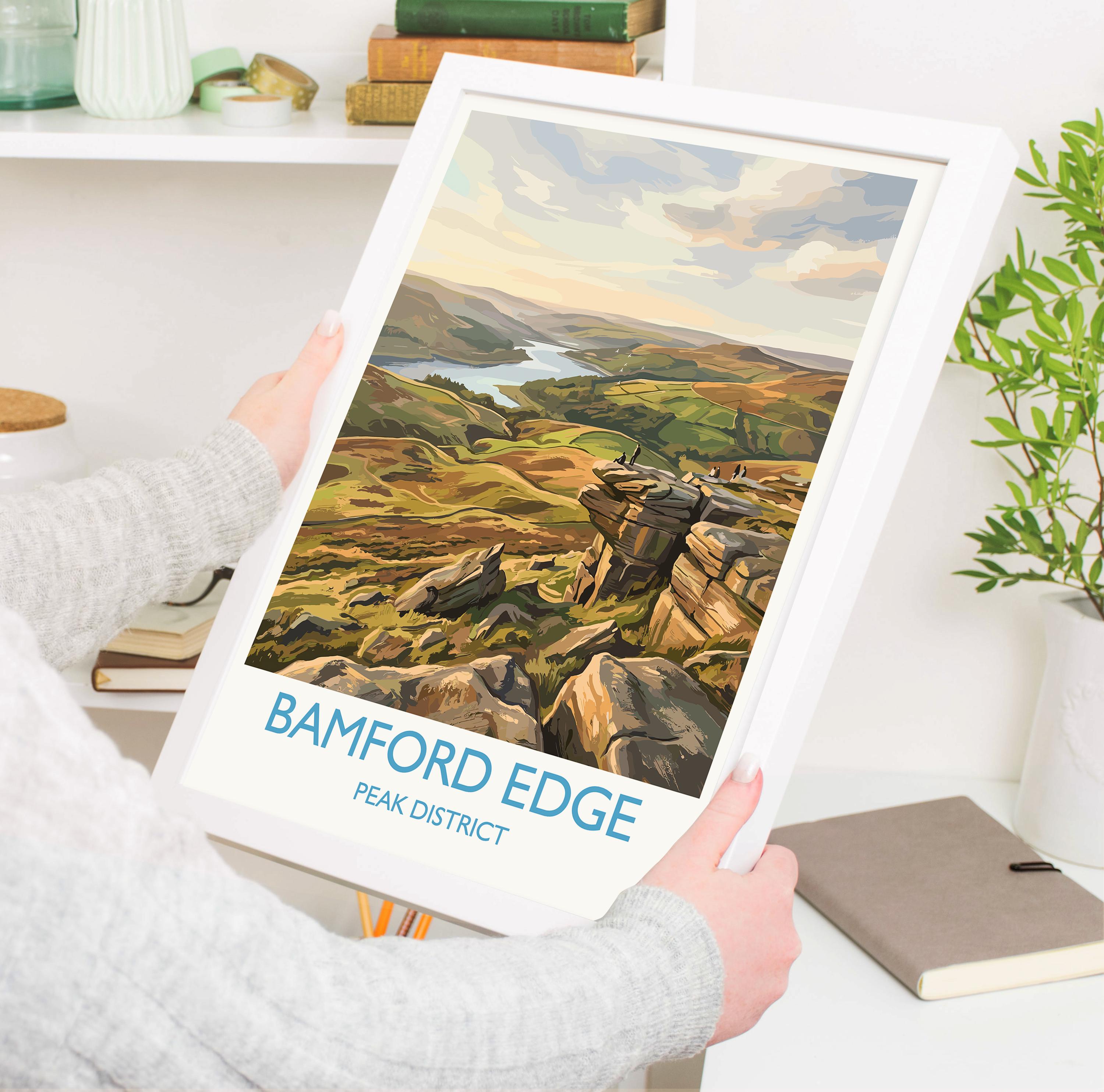 Bamford Edge Travel Poster, Peak District Wall Art, Derbyshire Landscape Print, Hope Valley View Illustration, Vintage Style UK Nature Decor