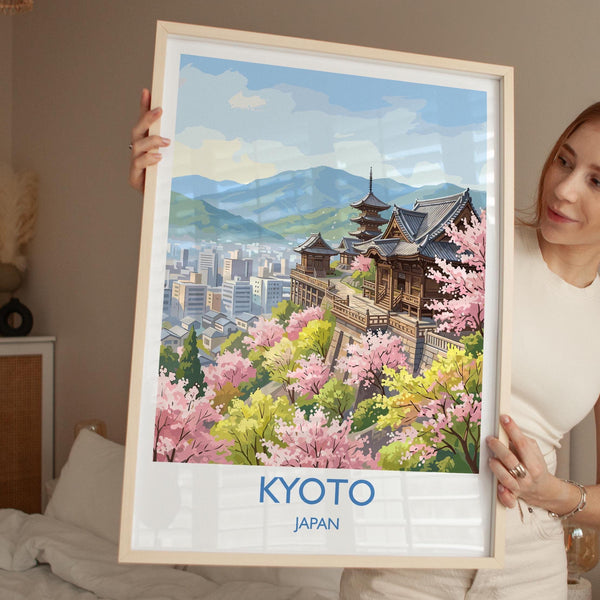 Kyoto Japan Travel Poster, Cherry Blossom Temple Wall Art, Japanese Landscape Print, Sakura Illustration, Asia Decor, Kyoto Gift