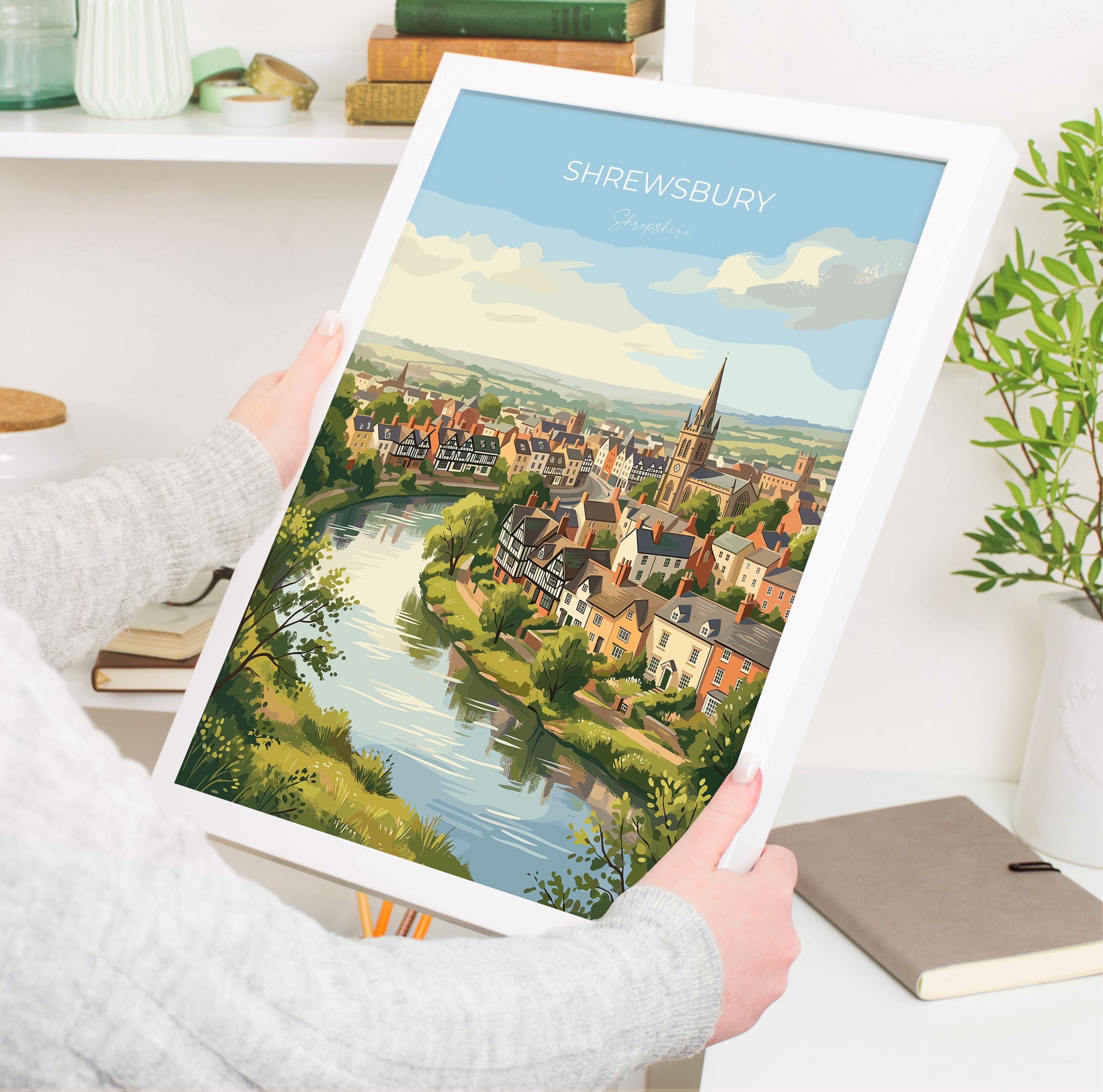 Shrewsbury Travel Print, River Severn Wall Art, Shrewsbury Town Poster, Historic Church Illustration, Shropshire Landscape, UK Decor