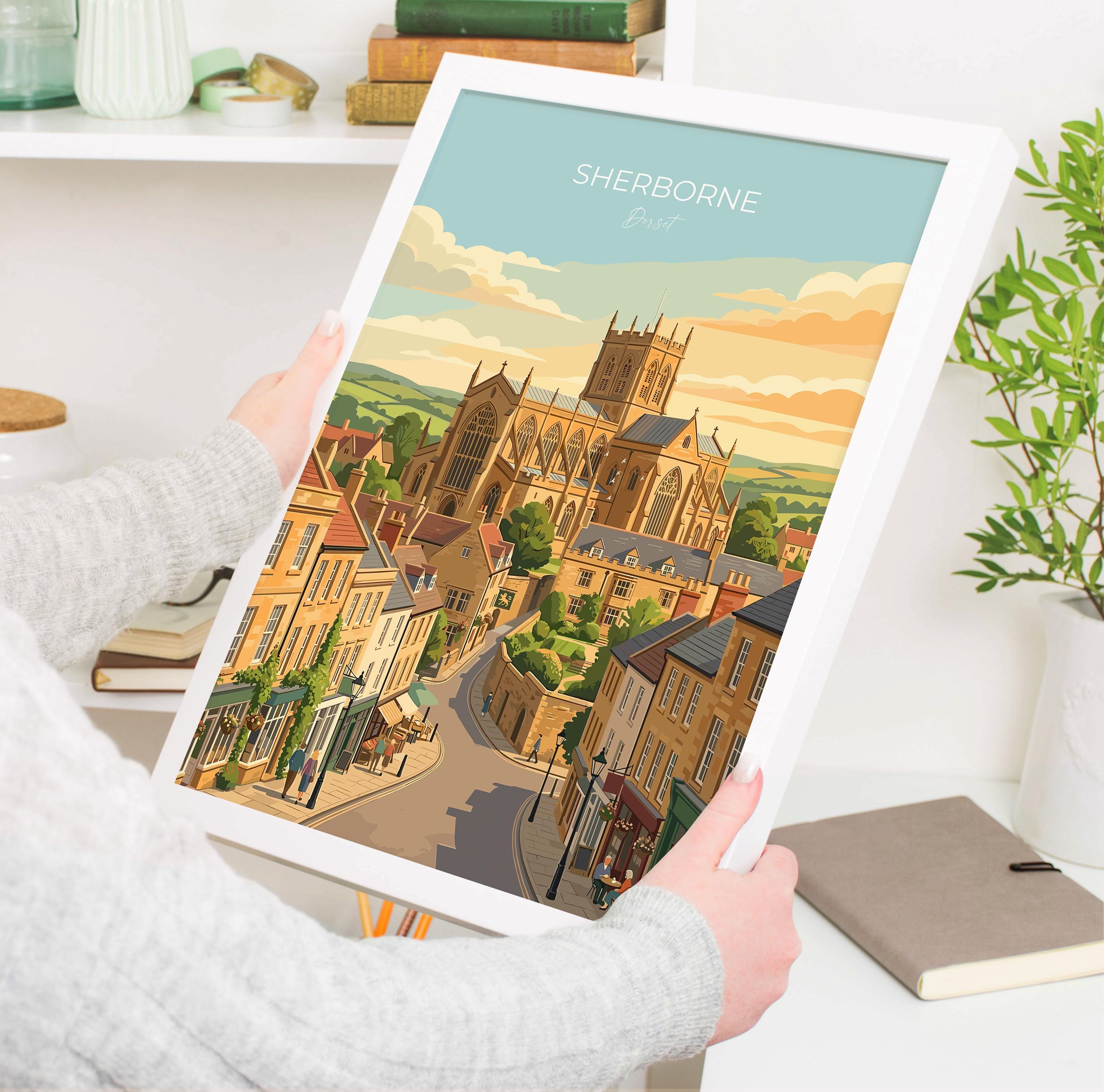 Sherborne Dorset Poster, Historic Abbey Wall Art, English Market Town Print, Dorset Travel Art, Castle & Countryside Decor