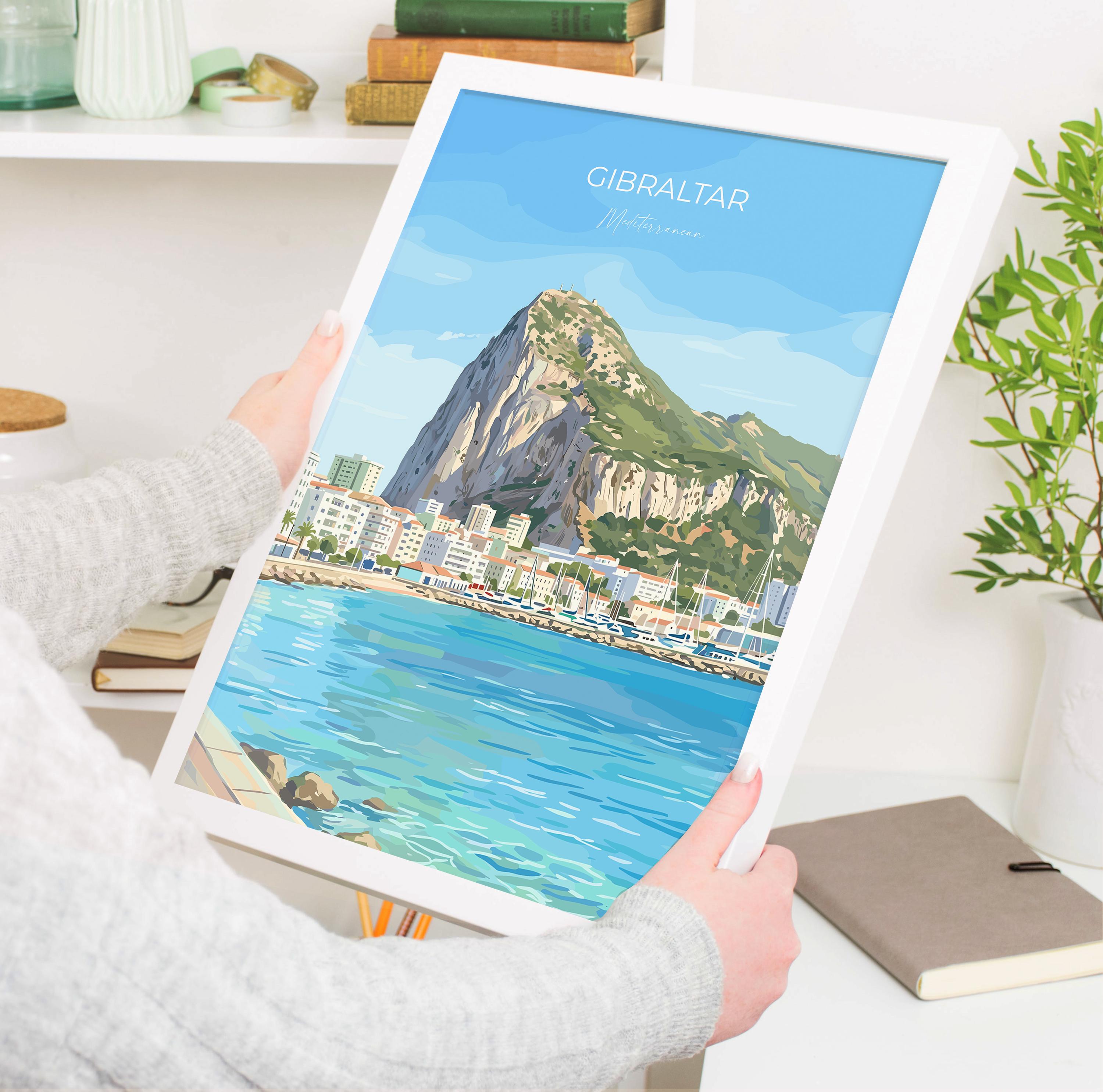 Gibraltar Travel Print, Rock of Gibraltar Wall Art, Mediterranean Coastal Poster, Historic Peninsula Illustration, Vintage Style Decor