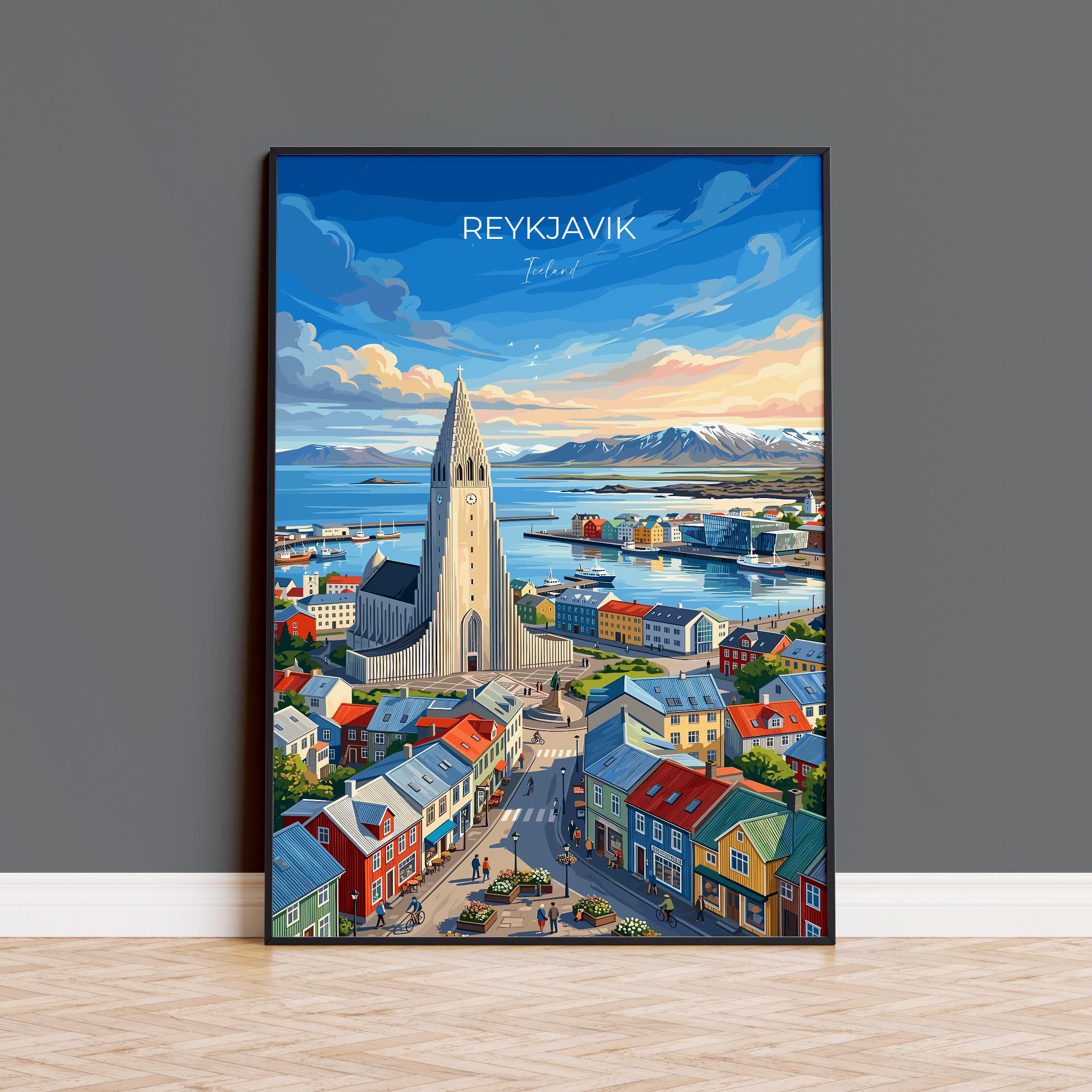 Reykjavik Iceland Travel Print, Hallgrímskirkja Wall Art, Iceland City Print, Colourful Skyline Illustration, Vintage Style Nordic Decor