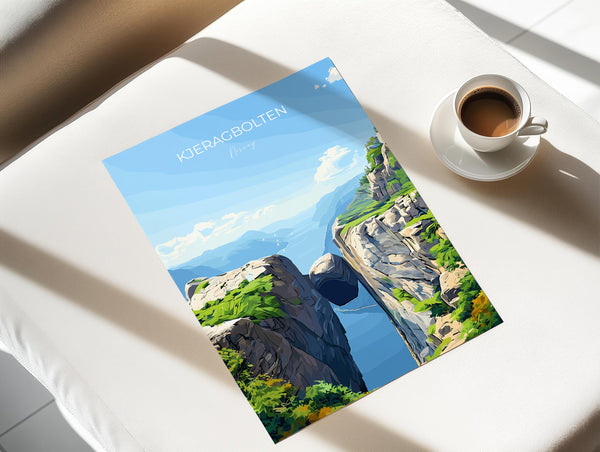 Kjeragbolten Travel Poster, Travel Print of Fjords, Norway Poster, Kjeragbolten Art Gift, Norway Art Lovers Travel Gift
