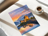 Eilean Donan Castle Scotland Travel Print, Scottish Highlands Castle Wall Art, Sunset Landscape Poster, Iconic Scotland Illustration