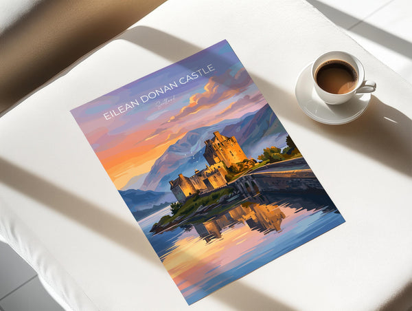Eilean Donan Castle Scotland Travel Print, Scottish Highlands Castle Wall Art, Sunset Landscape Poster, Iconic Scotland Illustration
