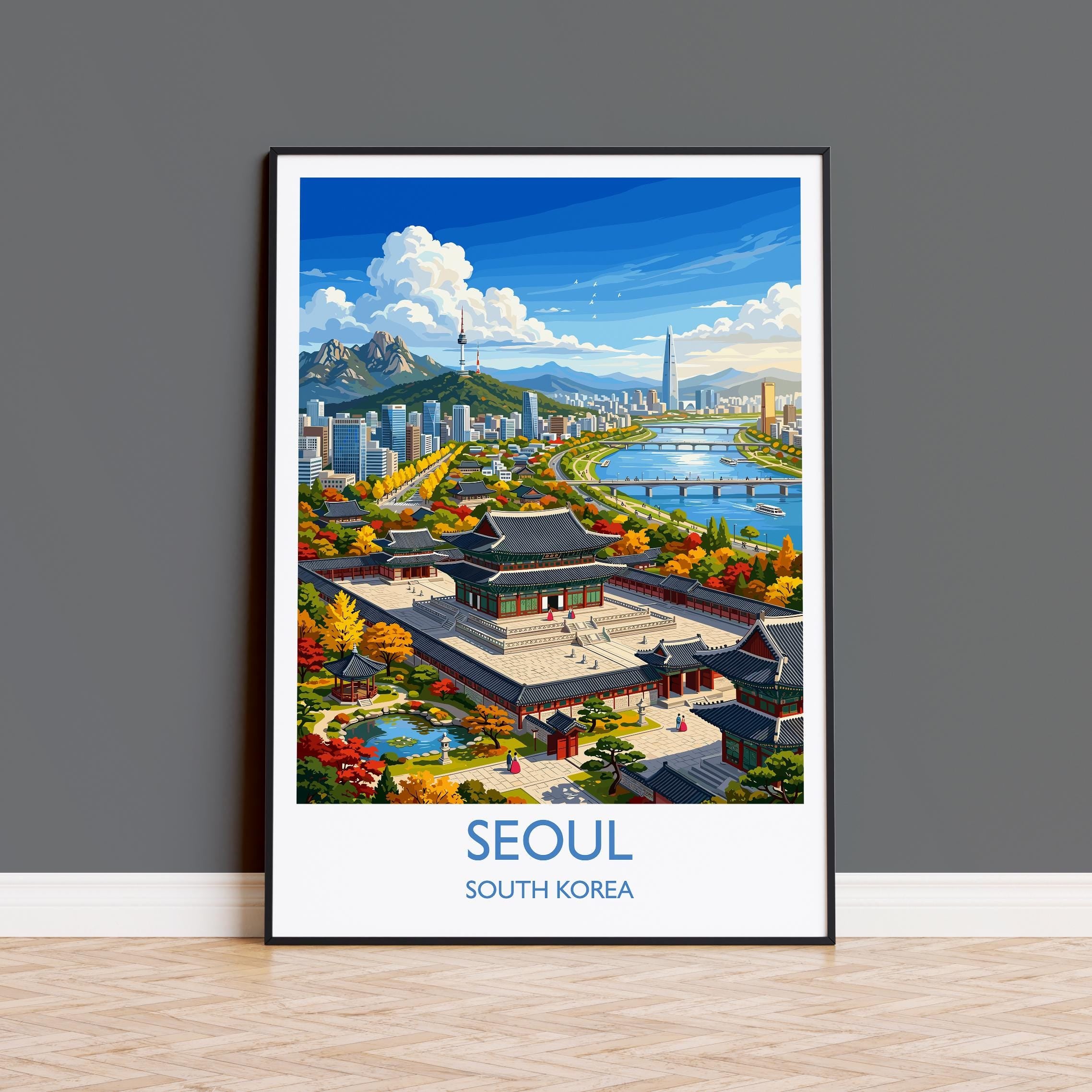 Seoul South Korea Travel Poster, Gyeongbokgung Palace Wall Art, N Seoul Tower Skyline Print, Korean City Illustration, Vintage Asia Decor