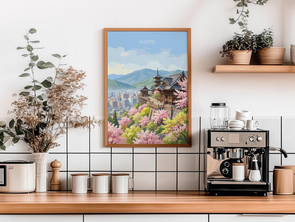 Kyoto Japan Travel Print, Cherry Blossom Temple Wall Art, Japanese Landscape Poster, Sakura Illustration, Asia Decor, Kyoto Gift