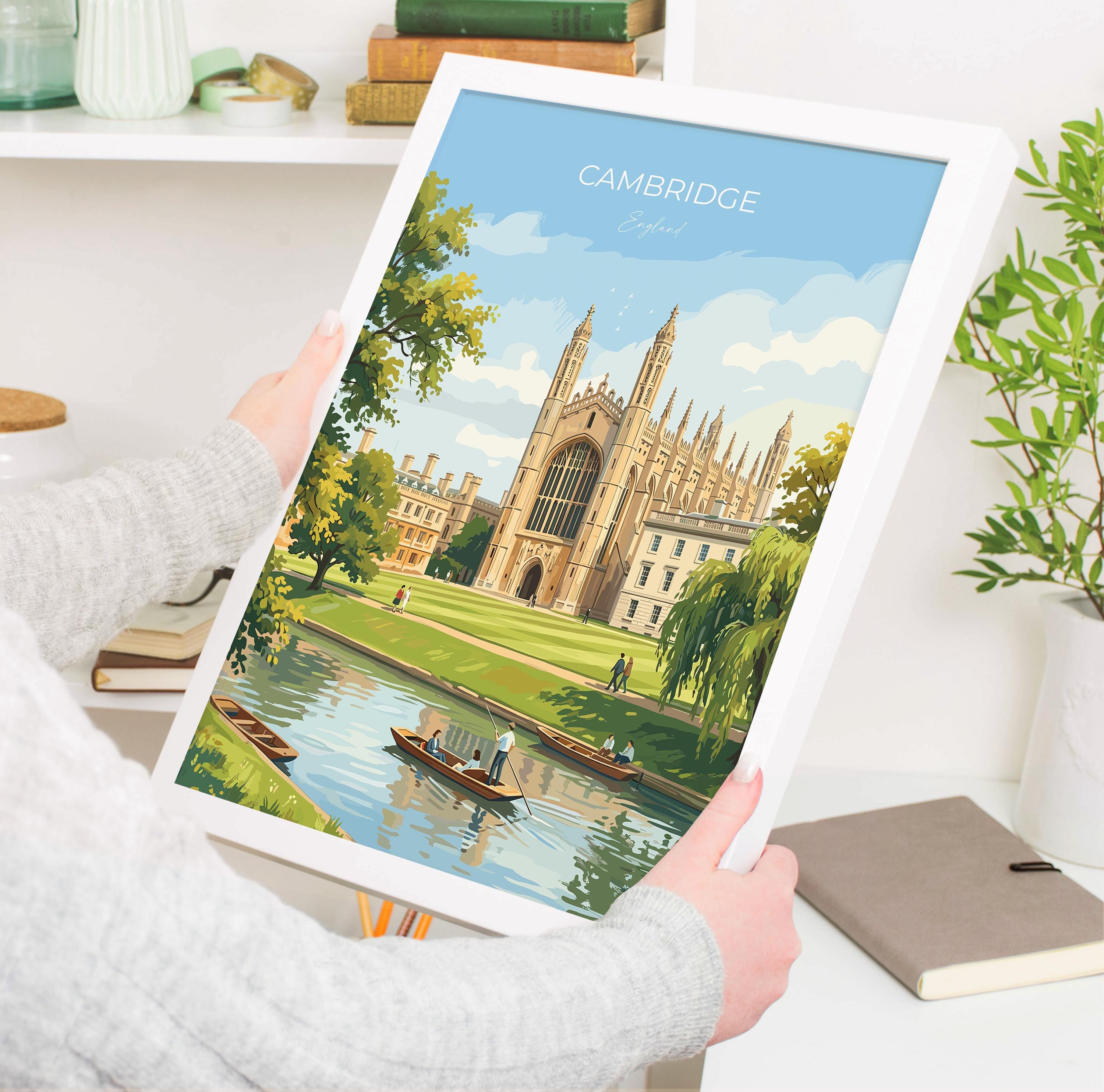 Cambridge Travel Print, Kings College Cambridge Wall Art, River Cam Punting Scene Poster, Historic University Illustration, City Style UK NQ Media Designs