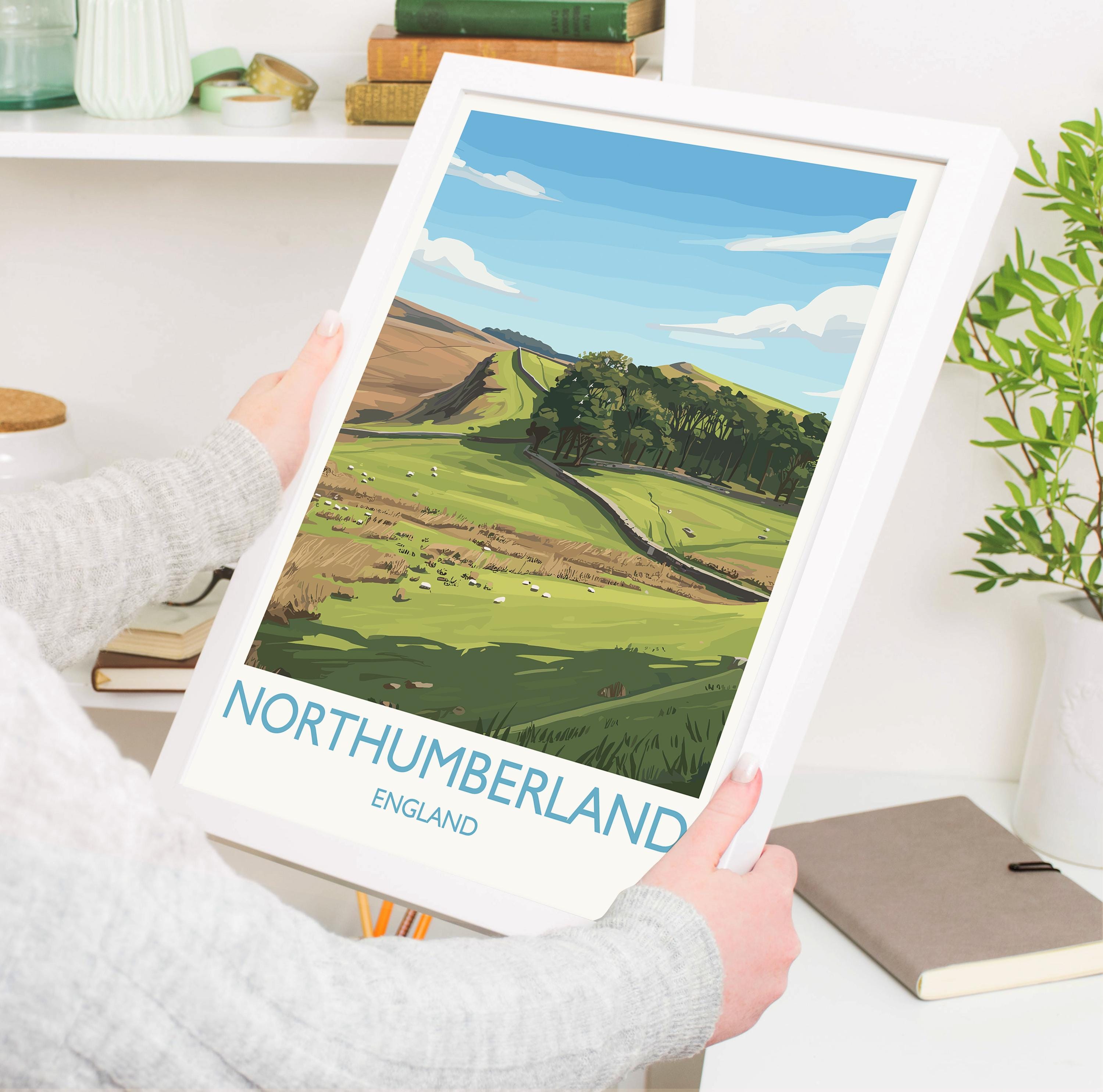 Northumberland Travel Print, Travel Poster of Northumberland Countryside, Hadrians Wall, England, Housesteads Fort Art, Wall Art Print NQ Media Designs