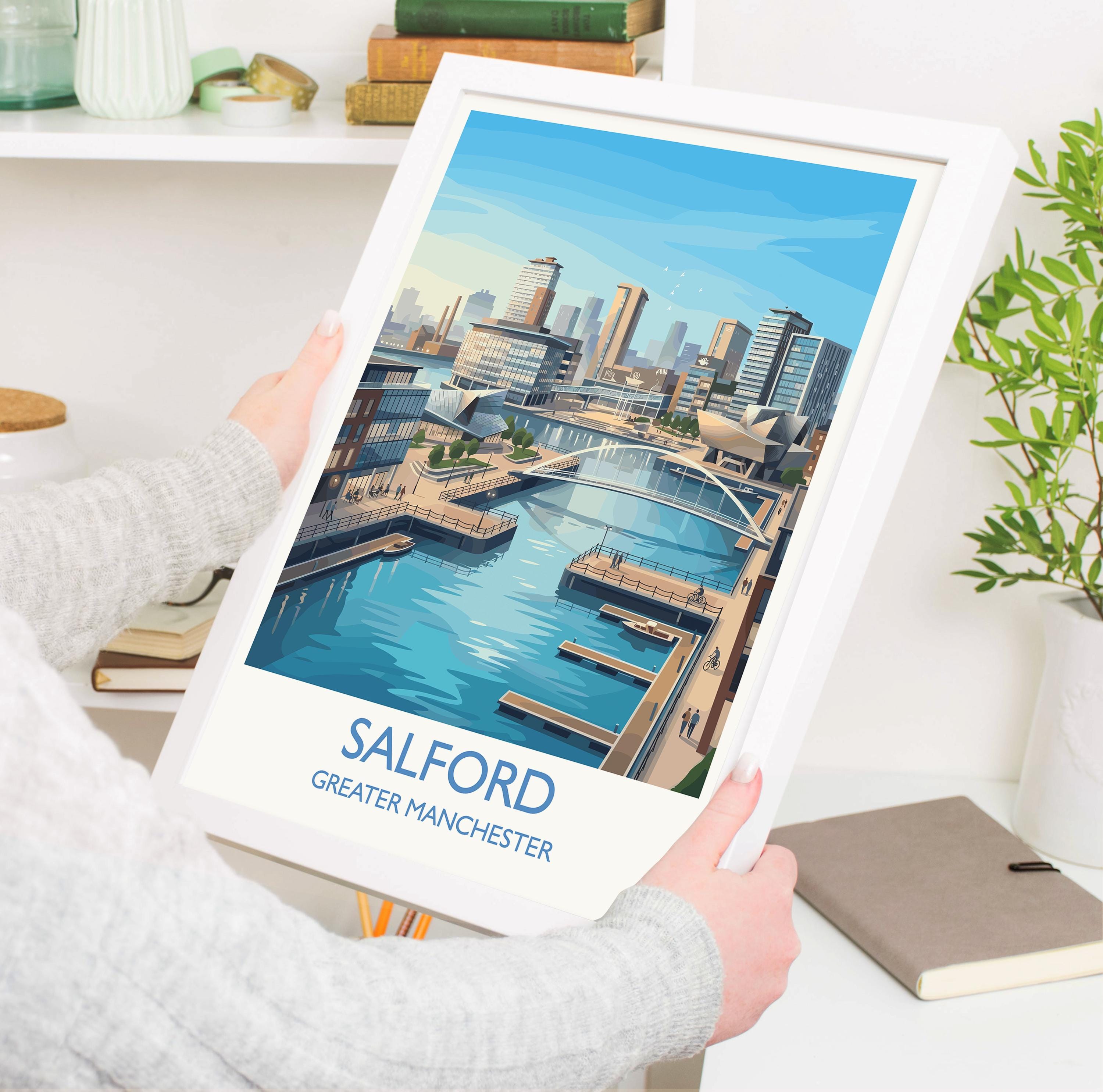 Salford Quays Travel Poster, Salford Manchester Wall Art, MediaCityUK Waterfront Print, Modern Skyline Illustration, Vintage Style UK Decor