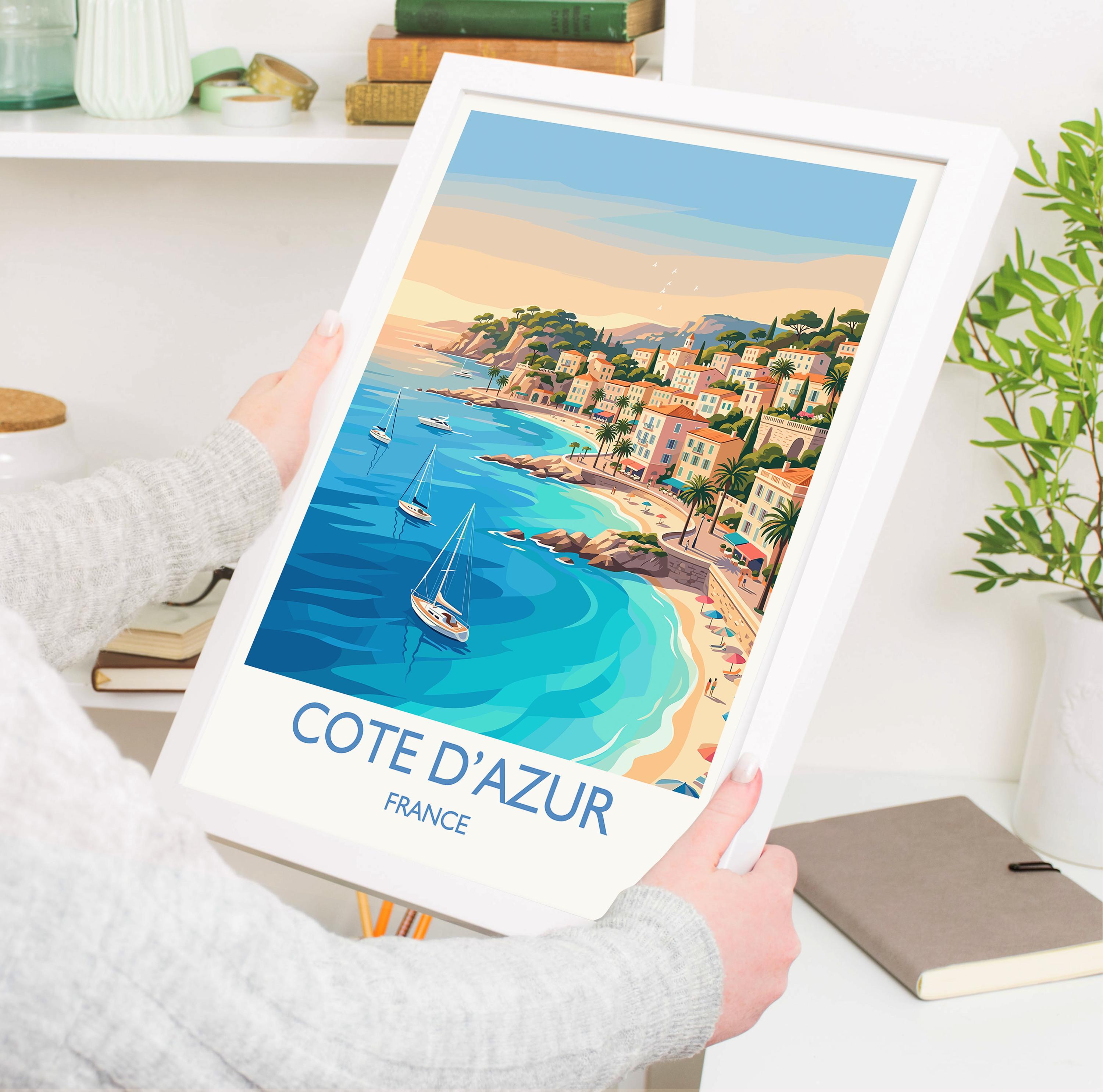 Côte d’Azur France Travel Poster, French Riviera Wall Art, Mediterranean Coastal Print, Luxury Seaside Illustration, Vintage Style Decor